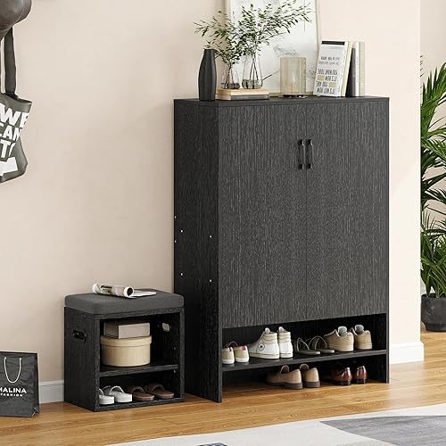 Miniatura 7 de Soohow Armario de zapatos con puertas, 7 niveles y 28 pares de zapatos para entrada, armarios de zapatos estrechos ocultos con estantes ajustables