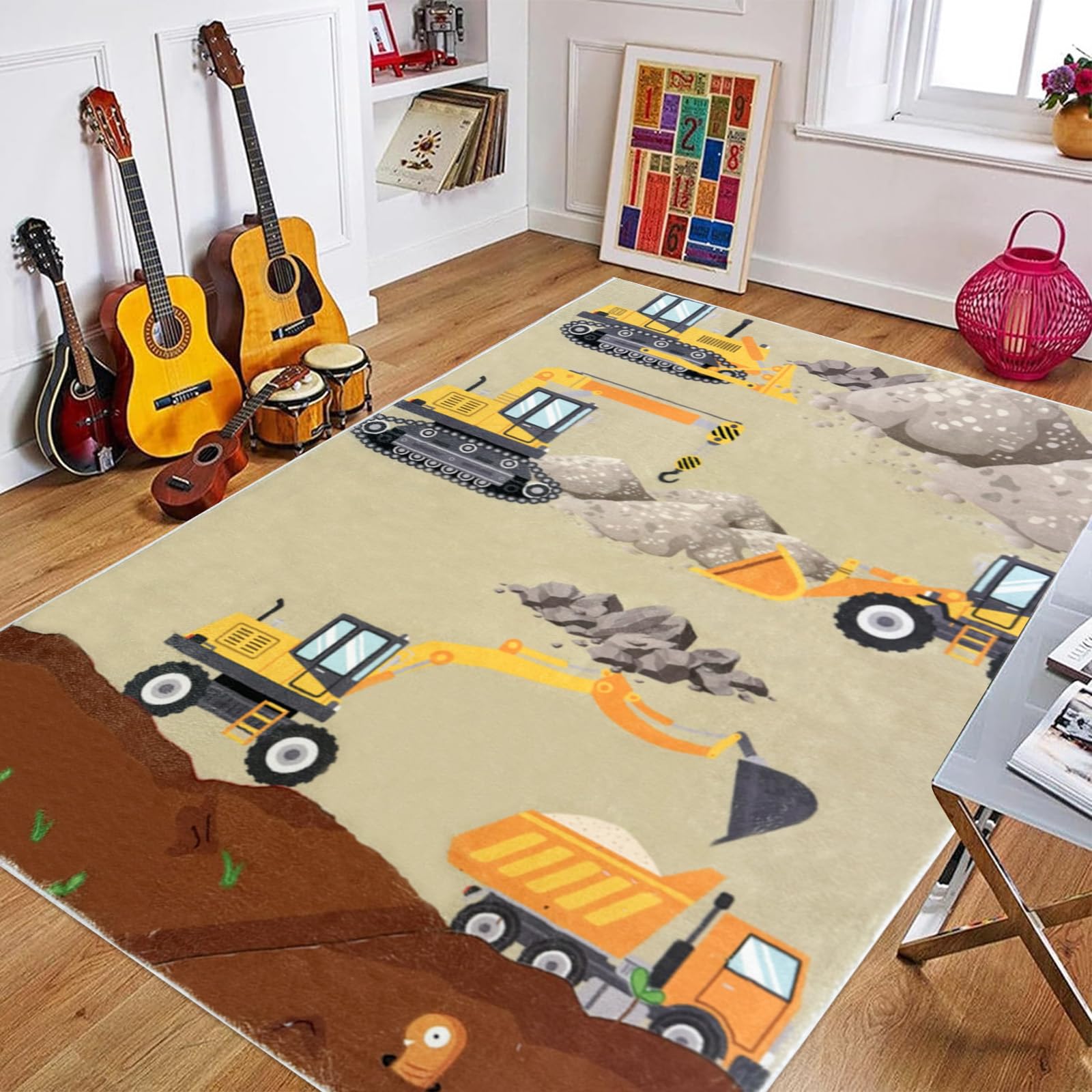USTIDE Tappeto da costruzione per camera dei ragazzi, grande, carino, tappeto da escavatore, morbido, antiscivolo, per sala giochi, camera da letto, soggiorno, asilo nido aula, 150 x 200 cm