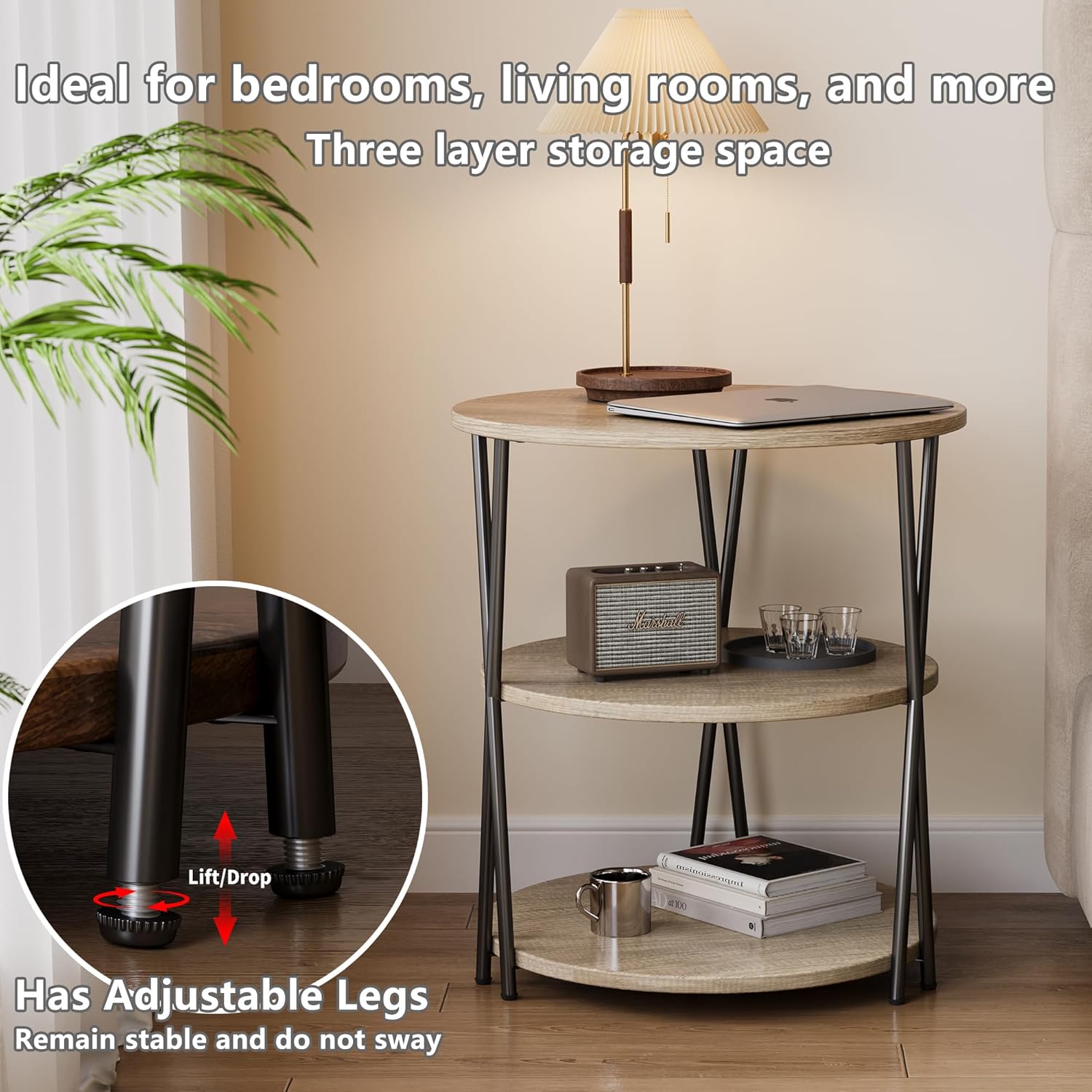 23 Inch Round Side Table 3-Tier End Table Living Room Small Patio Table Nightstands Round Coffee Table Spacious Top for Couch Bedroom 3 Storage Shelves Accent Coffee Table, Caramel Gray