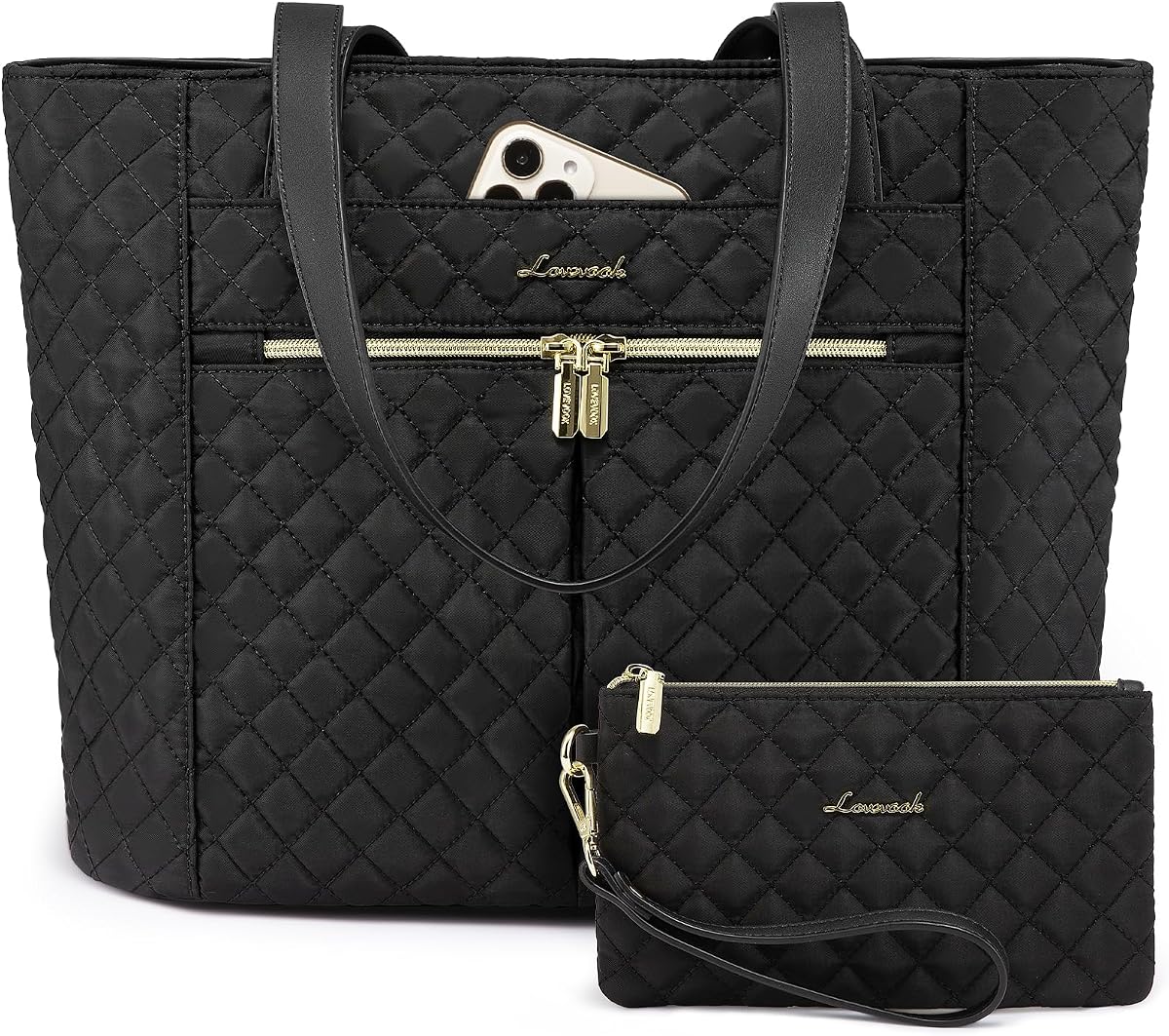 LOVEVOOK Laptop Bag for Women 15.6 inch,Diamond Quilted Work Tote Bags Womens Laptop Tote Computer Shoulder Bags,Stylish Travel Tote Bags Laptop Purse Case Briefcase Handbag with Clutch Bag,Black