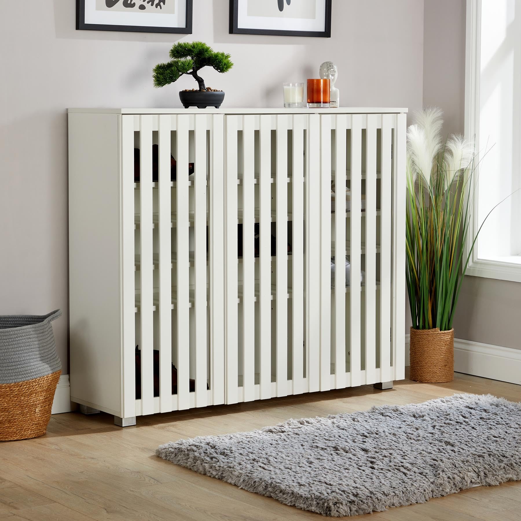 Home Source 3 Door Wooden Shoe Storage Cabinet Rack Stand, Slatted Cupboard, White