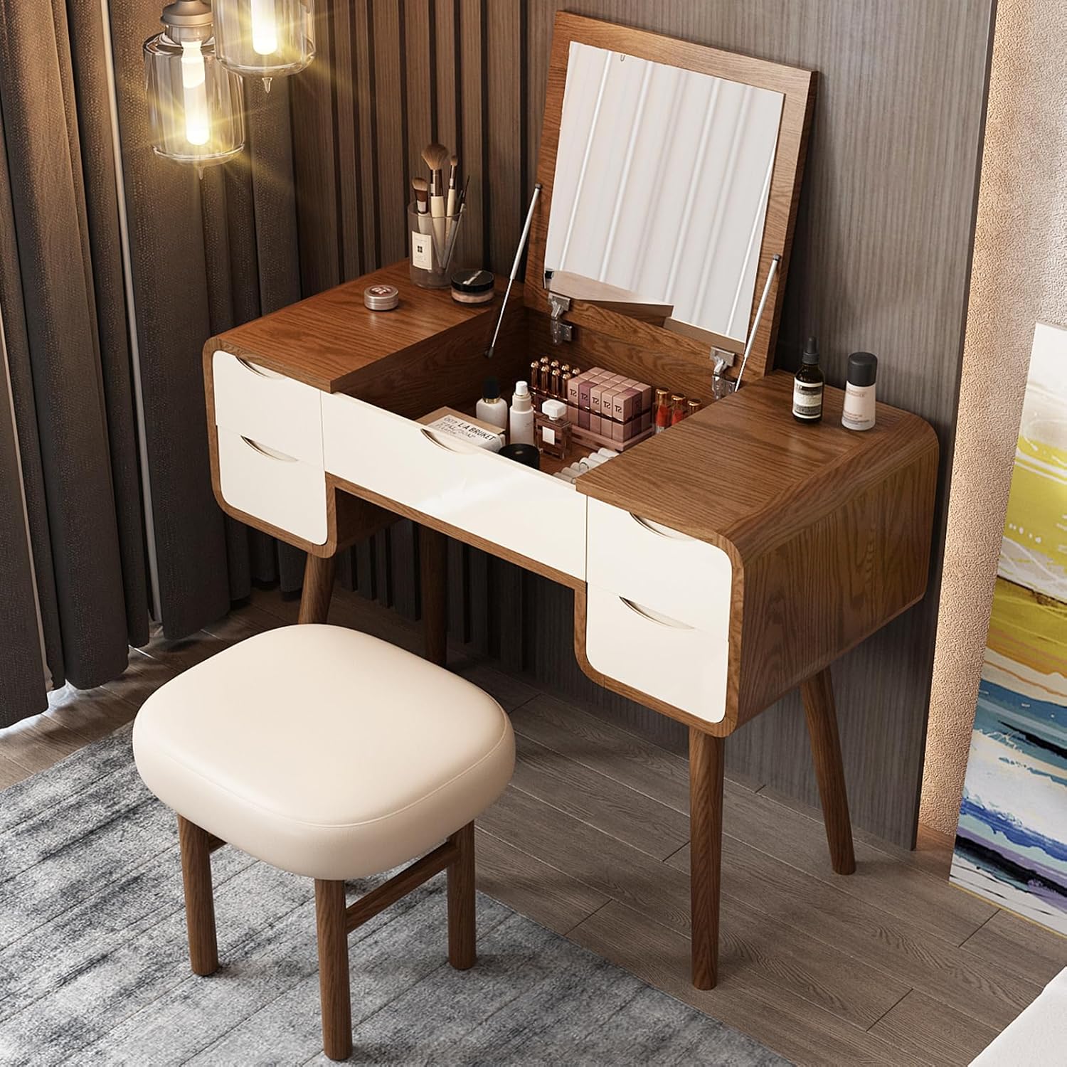 AuroraStyle – Compact Vanity Desk with Mirror and Storage