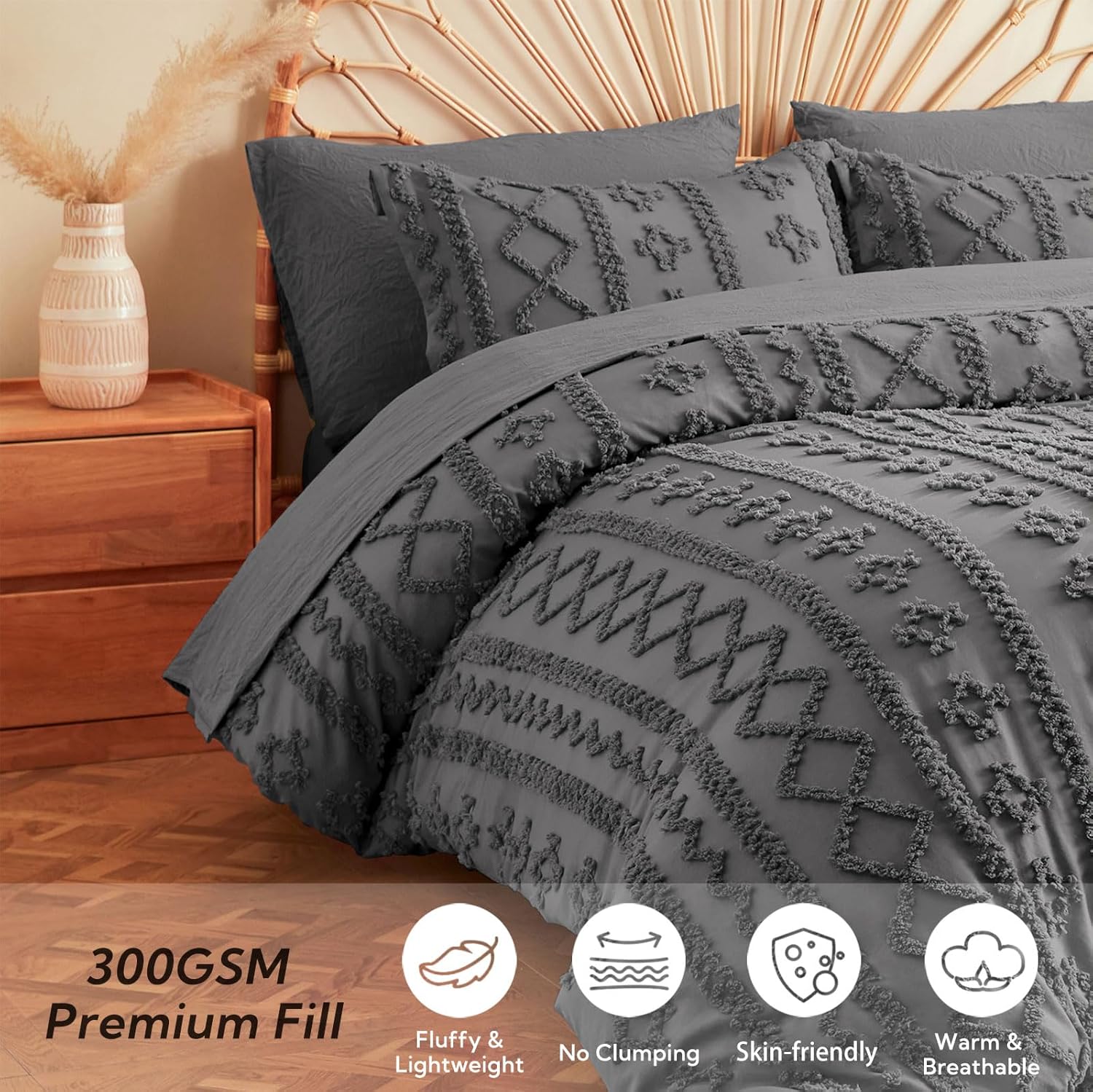MR&HM King Size Comforter Set Dark Grey, 7 Pieces Tufted Boho Beddding Sets, Farmhouse Style Bed in a Bag with 1 Comforter, 2 Pillow Shams, 2 Pillowcases, 1 Flat Sheet, 1 Fitted Sheet - Image 3