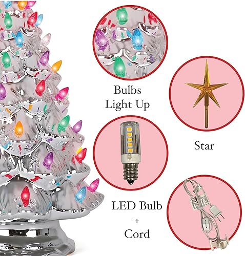 Miniatura 5 de Árbol de Navidad de cerámica  Árbol de Navidad de mesa con luces  (árbol de Navidad plateado grande de 15.5 pulgadasluces multicolores)  Árbol de