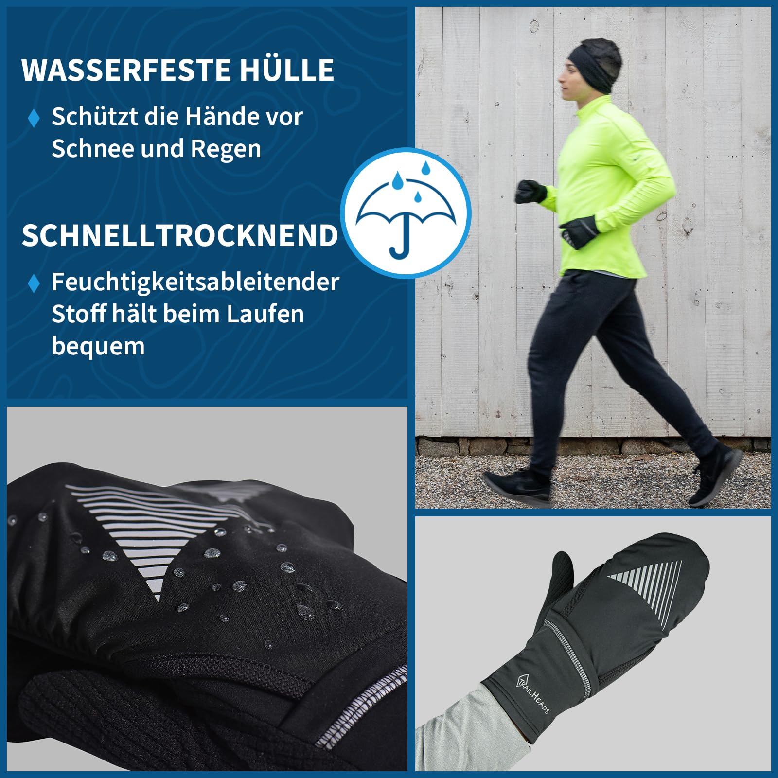 TrailHeads Laufhandschuhe mit Touchscreen-Funktion und Wasserfester Außenhülle | Leicht & Hochsichtbar - 2 Farben