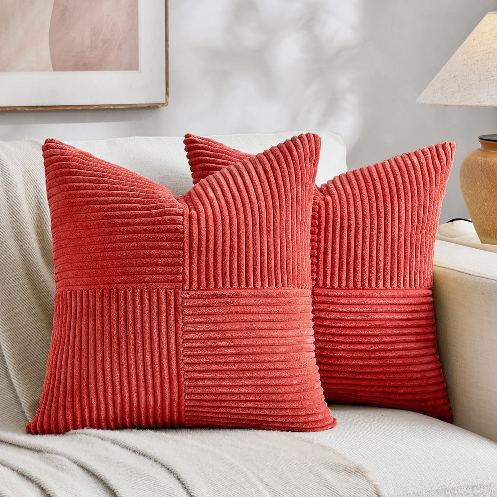 Fancy Homi 2 Packs Red Decorative Throw Pillow Covers 20x20 Inch for Living Room Couch Bed Sofa, Holiday Christmas Home Decor Gift, Soft Corss Corduroy Patchwork Accent Square Cushion Case 50x50 cm โ image 1