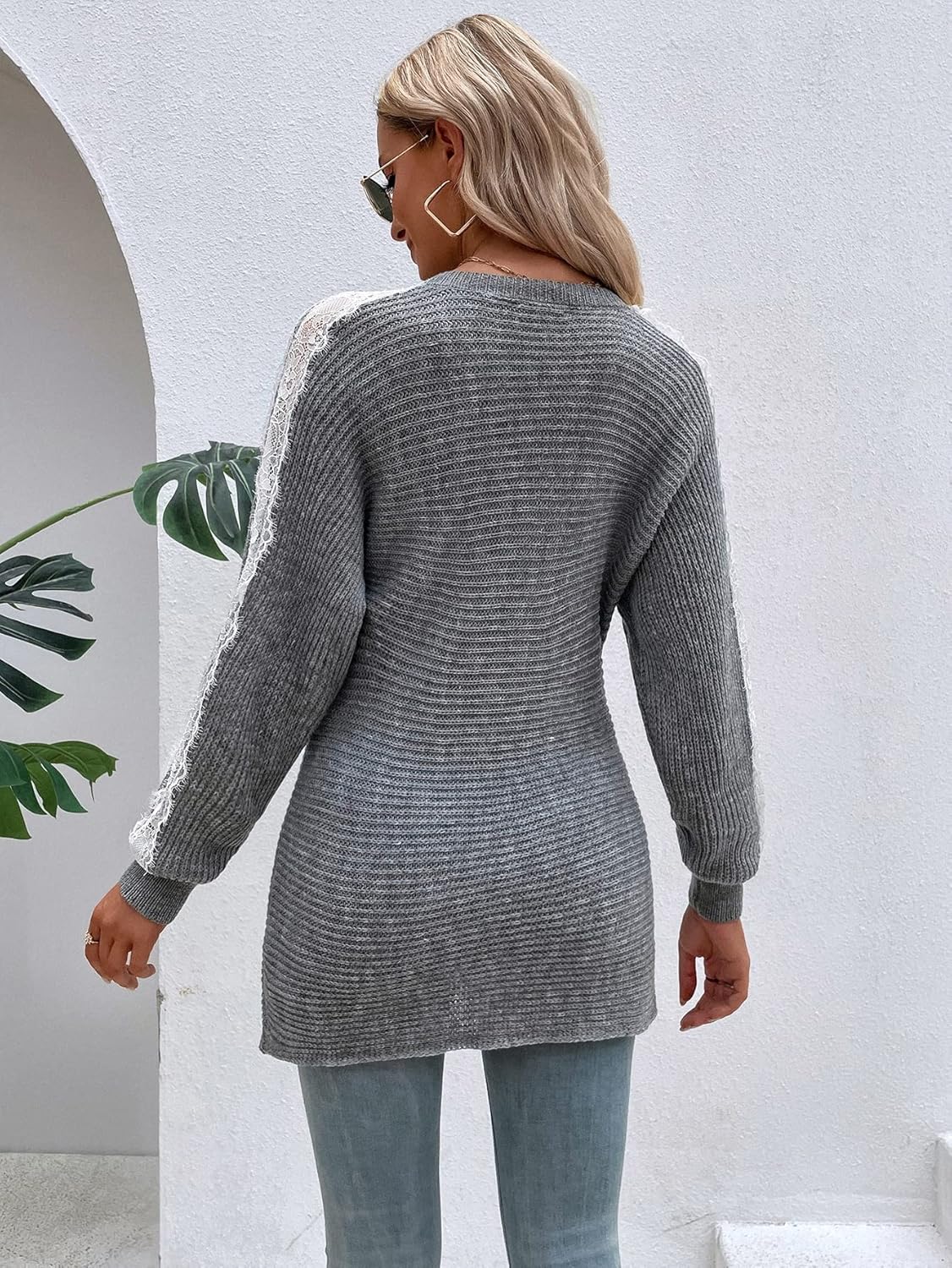 Women's Sweater Contrast Lace Dolman Sleeve Sweater Sweater for Women (Color : Gray, Size : Medium)