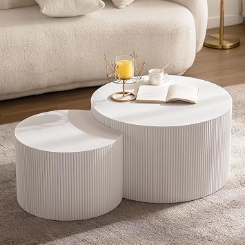 Round Wood Nesting Coffee Table Set of 2, Modern Circle Drum Coffee Tables End Side Table Sets for Living Room, Modern Wooden Accent End Tables for Apartment,Cream Large