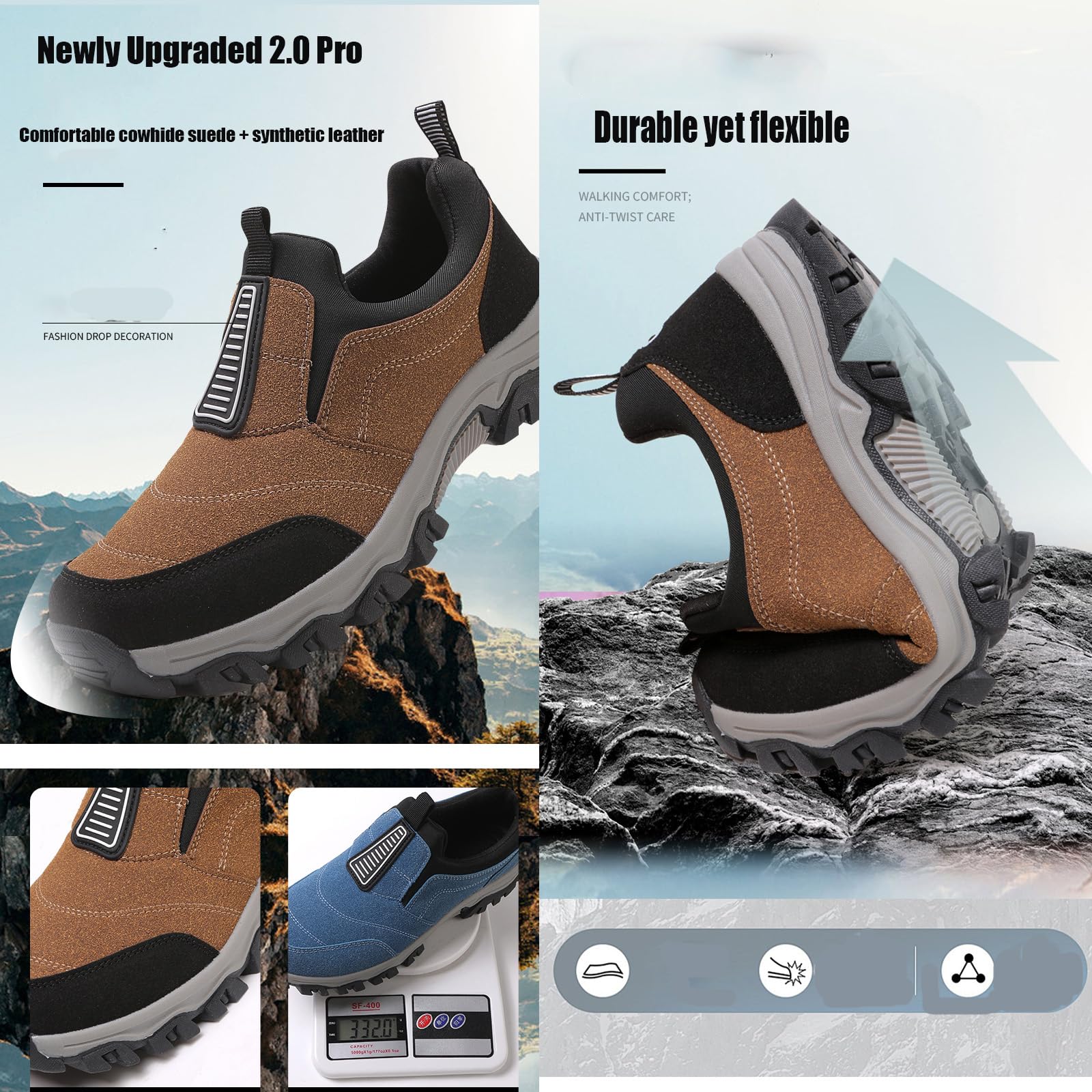 Sneaker Herren Ohne Schnuersenkel Slip-on Schuhe Wanderschuhe Weite Breit Trekkingschuhe rutschfest Sportschuhe Leicht Walkingschuhe