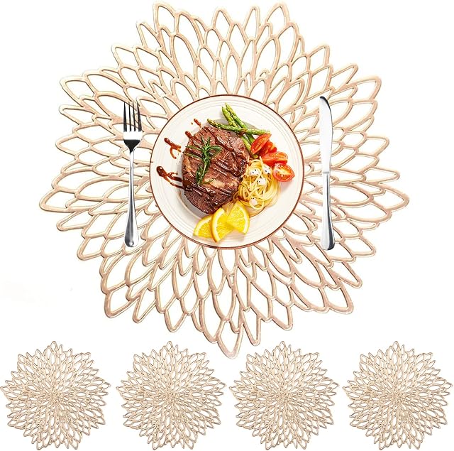 MI CASA 8 Pcs Round Placemats and Coaster Sets Leaf Gold PVC 4 Table Placemats + 4 Coasters Vinyl Heat Resistant Anti-slip and Washable Place Mats for Kitchen Wedding Christmas Table Decoration