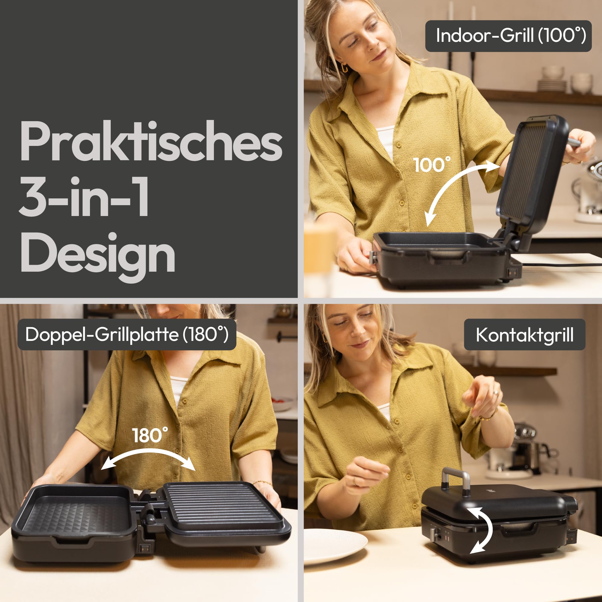 Gadgy Kontaktgrill – Elektrische Tischgrill mit abnehmbarem Grillboden – Einstellbare Temperatur – Ein- & Doppelseitiges Grillen – Antihaftbeschichtung – 1400W – Matt Schwarz/Silber