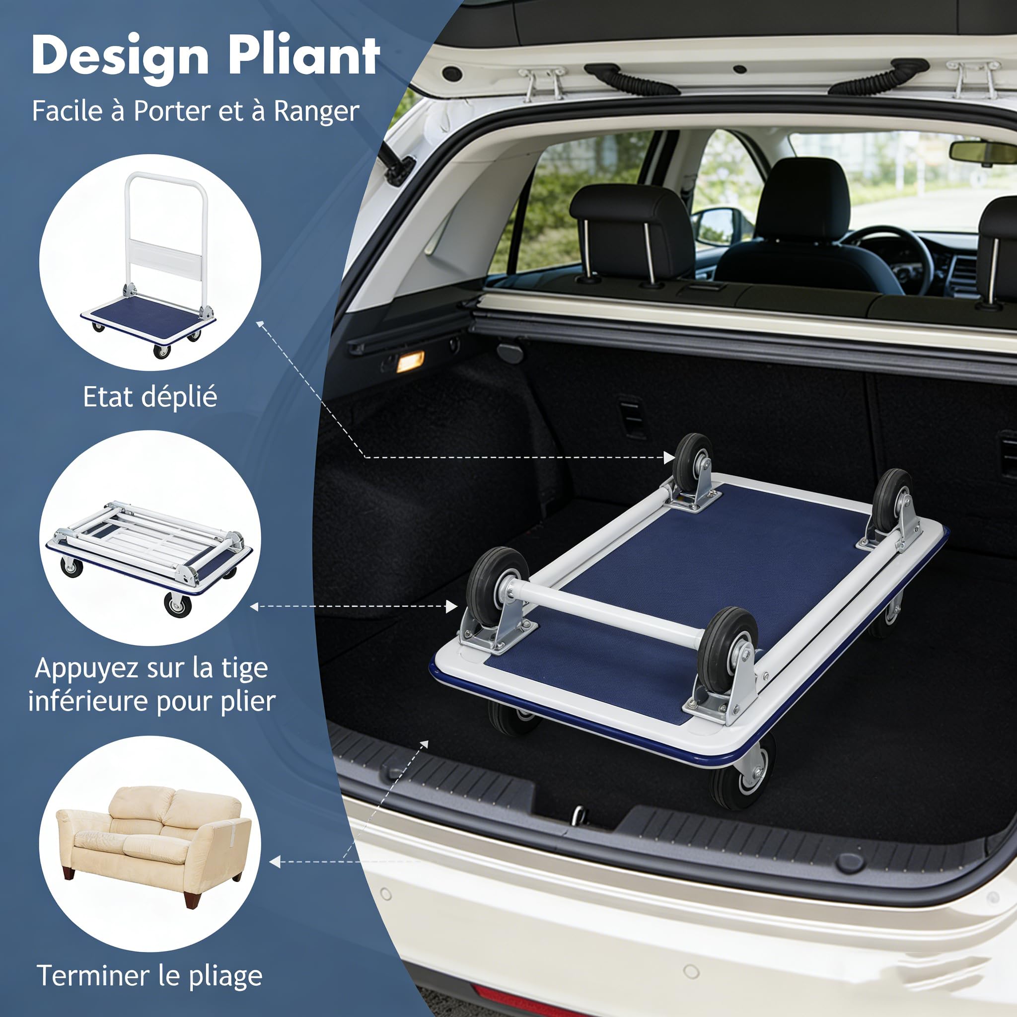 RELAX4LIFE Chariot de Transport Pliable en Fer Charge 300KG avec Plateau Antidérapant, Chariot Design Compact à 4 roulettes en PU, 60 x 90 x 88 cm pour Déménagement Logistique Manutention Silencieuse
