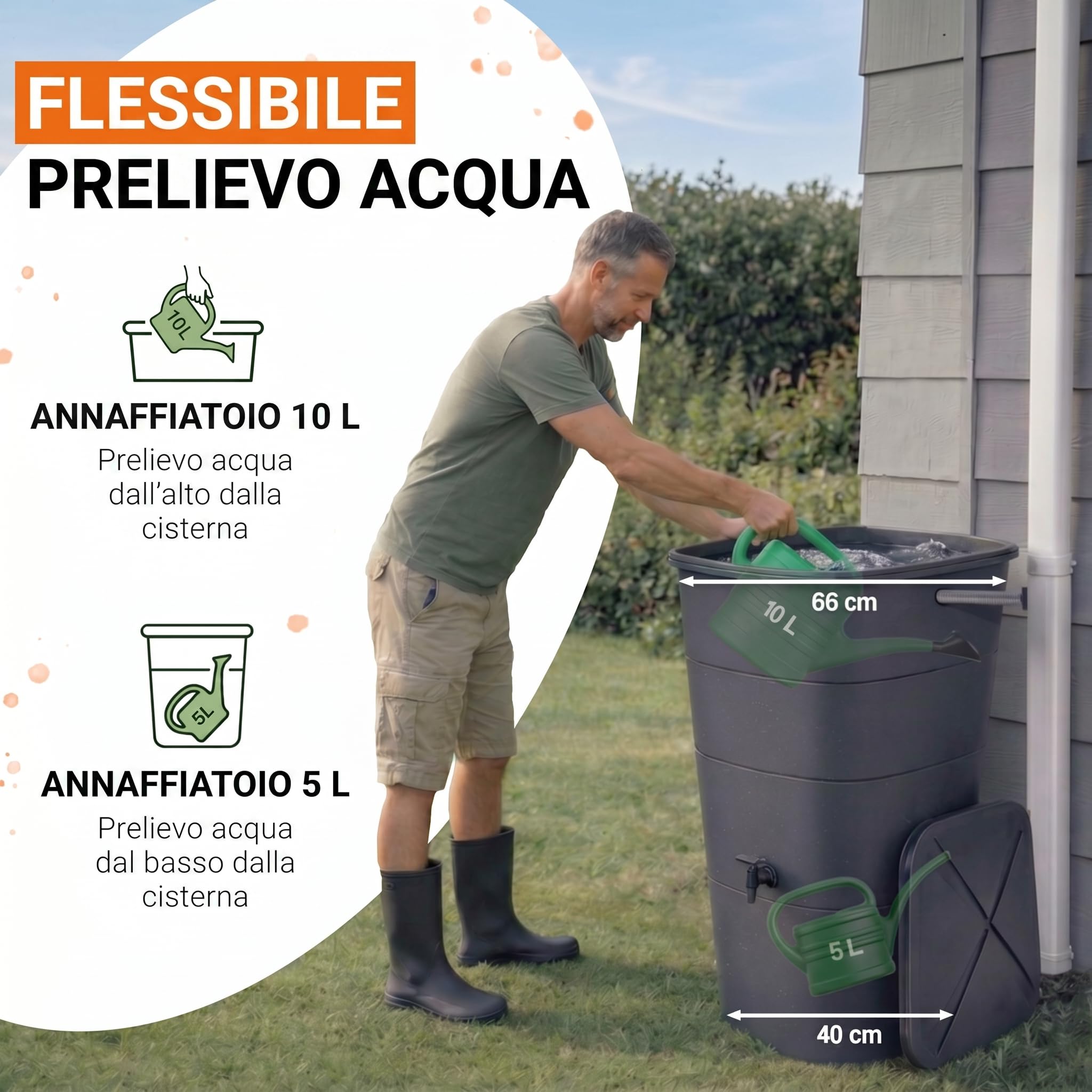 GARANTIA IBIZA serbatoio per acqua piovana quadrato 200 litri grigio grafite incl. coperchio e rubinetto - superficie elegante per parete e angolo - bordo rinforzato e base rotonda anti rigonfiamento