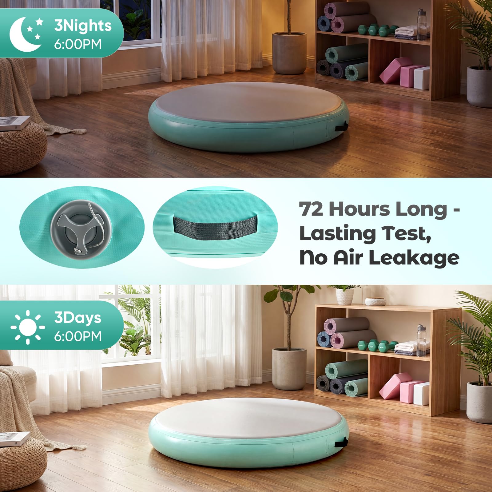 Colchoneta hinchable redonda, 90/100 cm, rollo de aire para gimnasia, material de PVC con 15 cm de grosor, incluye bomba de aire eléctrica
