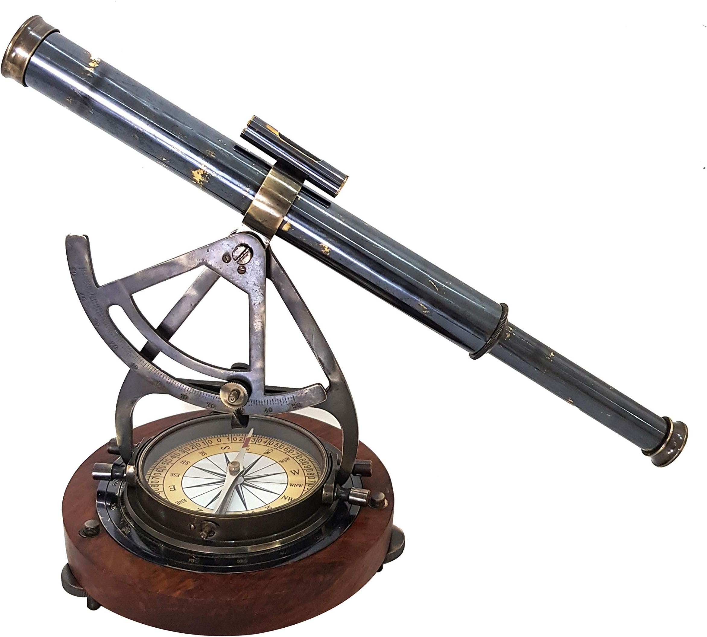 Antique Nautical Brass Alidade Compass with 14-Inch Theodolite Telescope – Vintage Surveying Instrument & Navigation Decor for Desk or Collectors