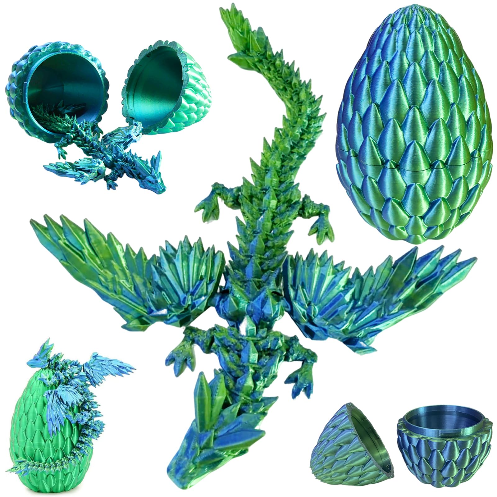 Joycabin 3D Printed Dragon Egg with Dragon, 3D Printed Articulated Crystal Animals Fidget Toy and Decor for Kids Friends Colleagues – Christmas Birthday Halloween Easter Decoration Gift (Blue-Green) — image 1