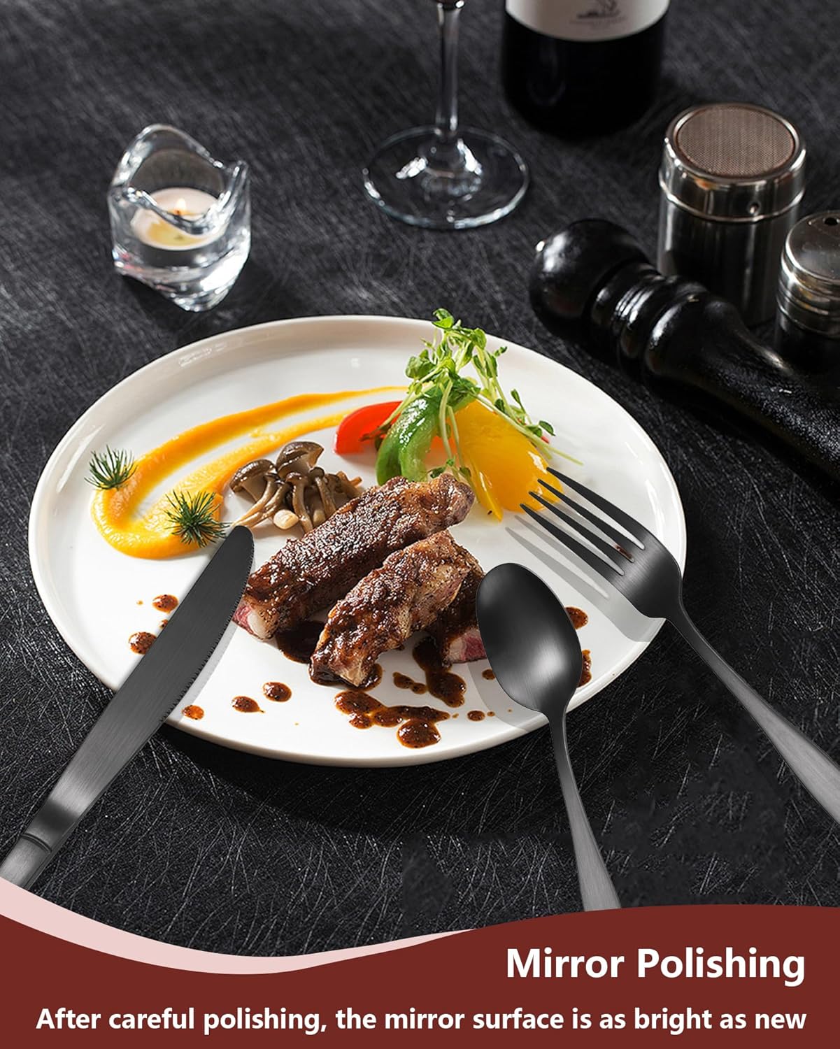 RIS LAN 24-Piece Silverware Set with Stent, Stainless Steel Flatware Cutlery Set for 6 Utensil Sets with Knives Spoons Forks, Matte Style Dishwasher Safe for Home Party (Black, 24)