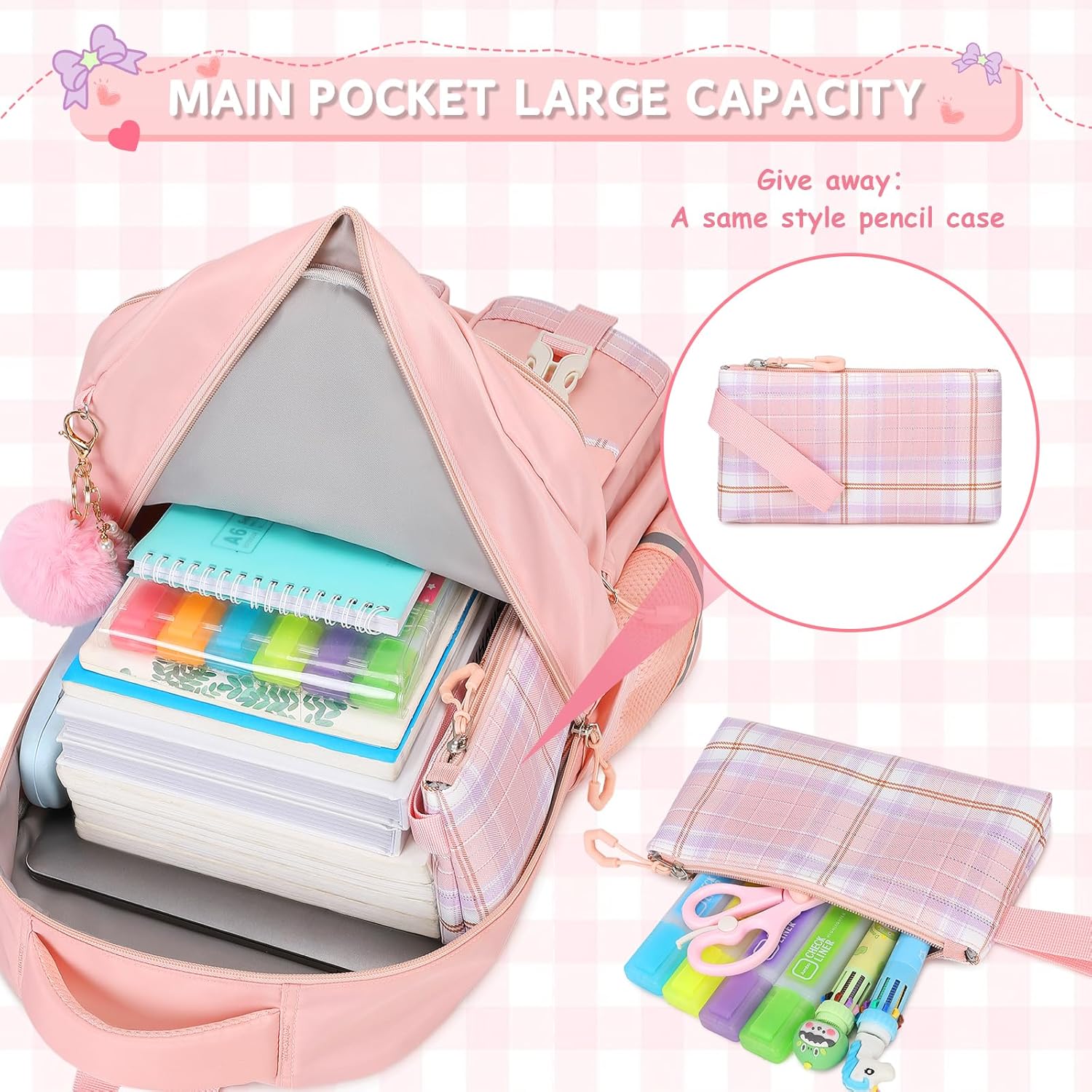 MOONBABY Girls Backpack, Kids Backpack for Girls School Bags with Pen Case, Bow Plaid Book Bag for Elementary Middle Primary High School College, Pink-2pcs