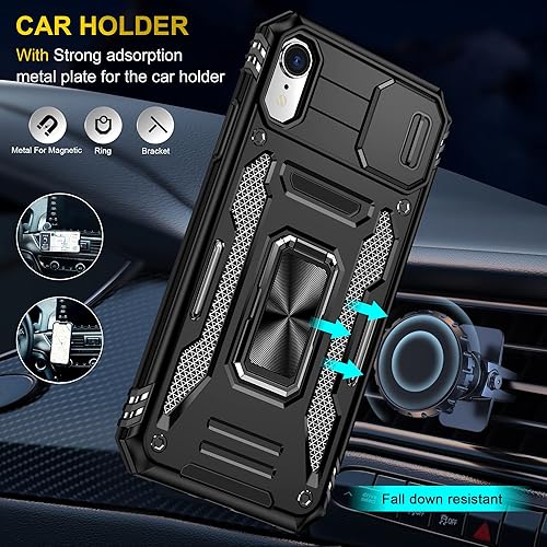 Miniatura 5 de Funda para iPhone XR con 2 protectores de pantalla, funda de cámara deslizante integrada, para teléfono XR con anillo de soporte de rotación de 360,