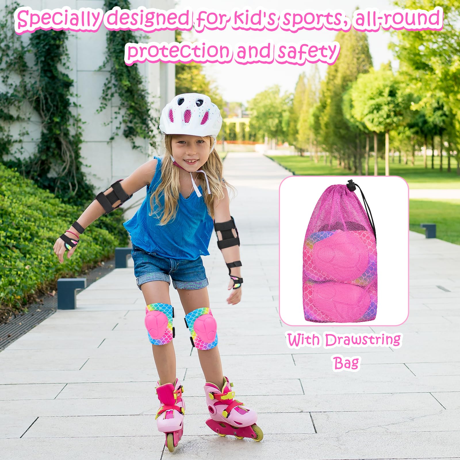 Rodilleras para niños, juego de equipo de protección ajustable con bolsa de malla, rodilleras y coderas, muñequeras para niñas, niños, patines de ruedas, ciclismo, monopatín, scooter,