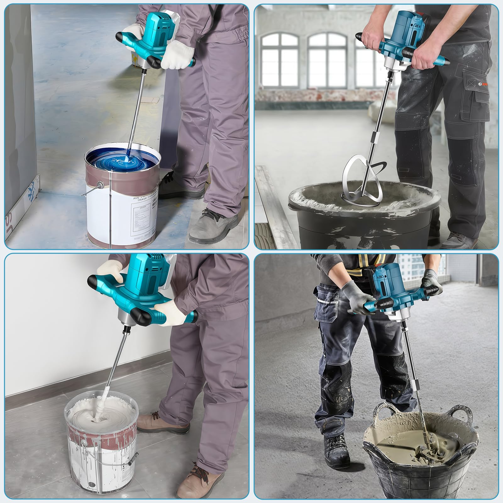 Malaxeur Mortier Colle avec 2 Batteries 1500mah,Mélangeur à Béton 6 Vitesses,900rpm,Tige Spirale M14,Betonniere Électrique Pour Mélanger Aliments,Plâtre,Peinture,Ciment,Mortier (Bleu)