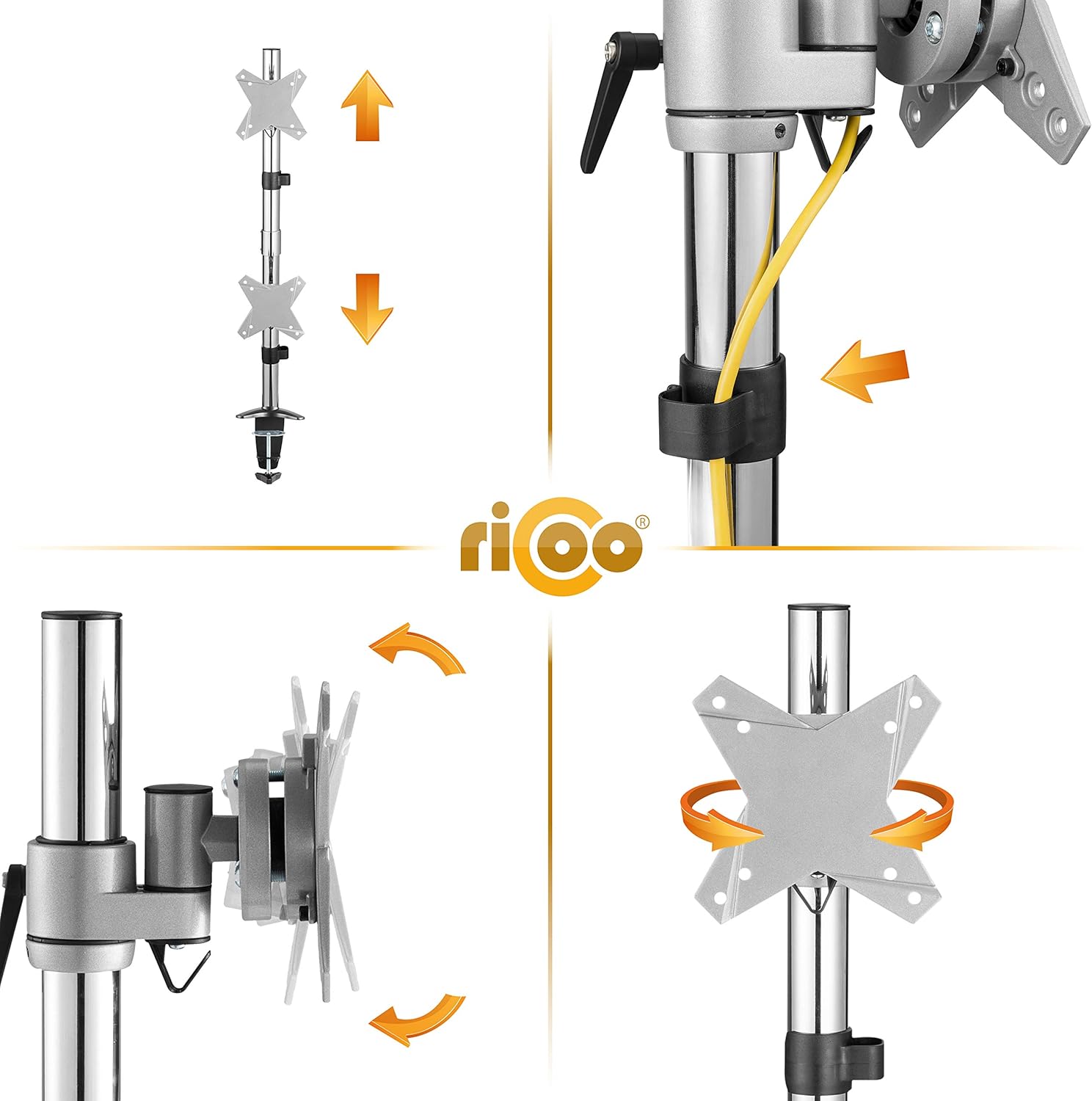 Close-up views of RICOO TS3511 features: cable management, height adjustment, and VESA plate rotation