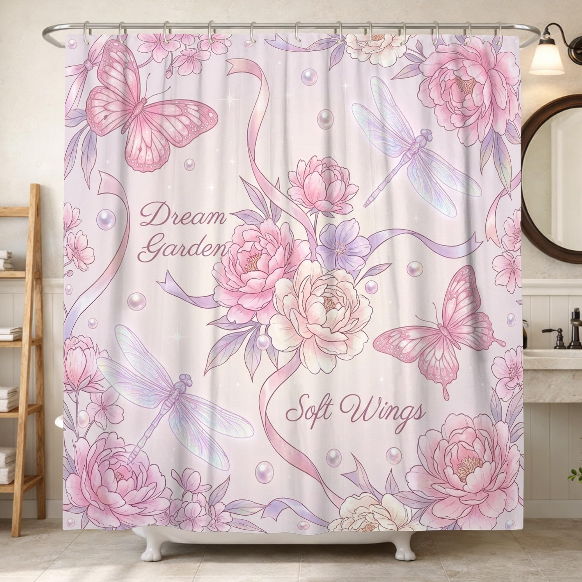 Rideau de douche imperméable papillon et pivoine 183x213 cm