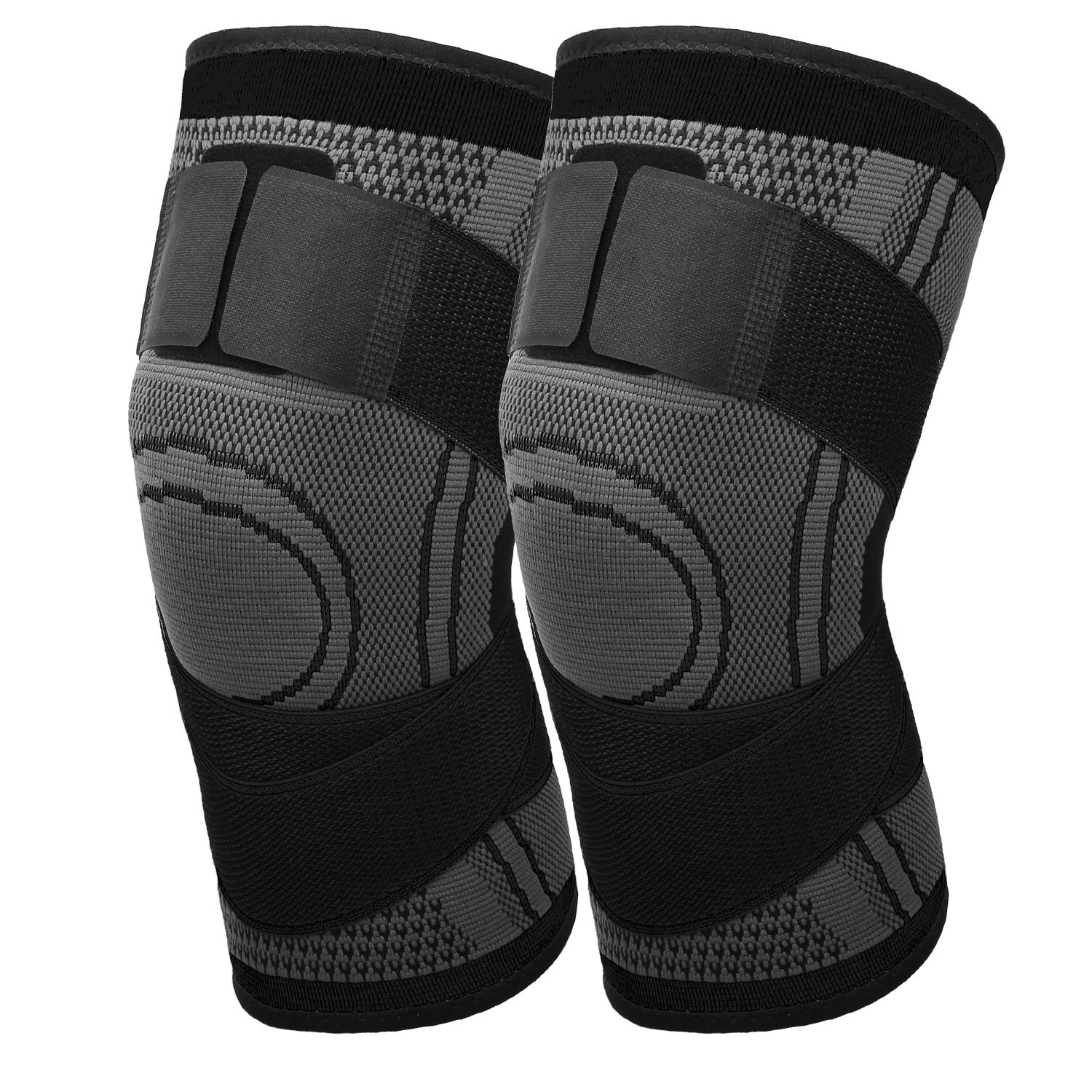 MoKo Knee Compression Sleeve, [2 Pack] Adjustable Knee Brace Knee Pad Stabilizers with Strap Knee Support for Runining, Basketball, Arthritis, Joint Pain Relief, Injury Recovery - L Size, Black+Gray