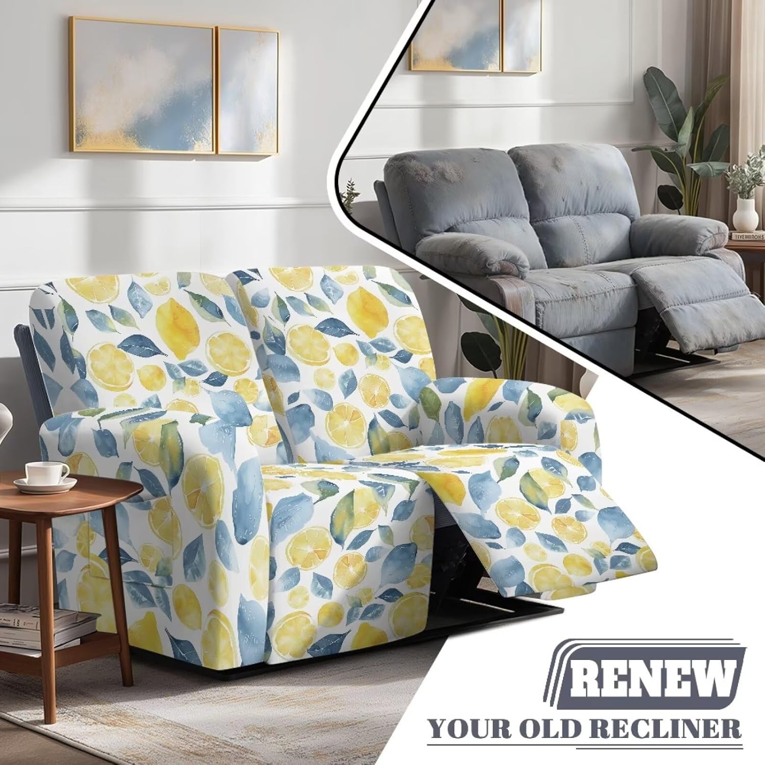 6 Piece Lemon Stretch Reclining Loveseat with Pockets Slipcover, 2 Seater Loveseat Recliner Cover, Recliner Couch Sofa Covers, Furniture Protector Cover for Pet Kid