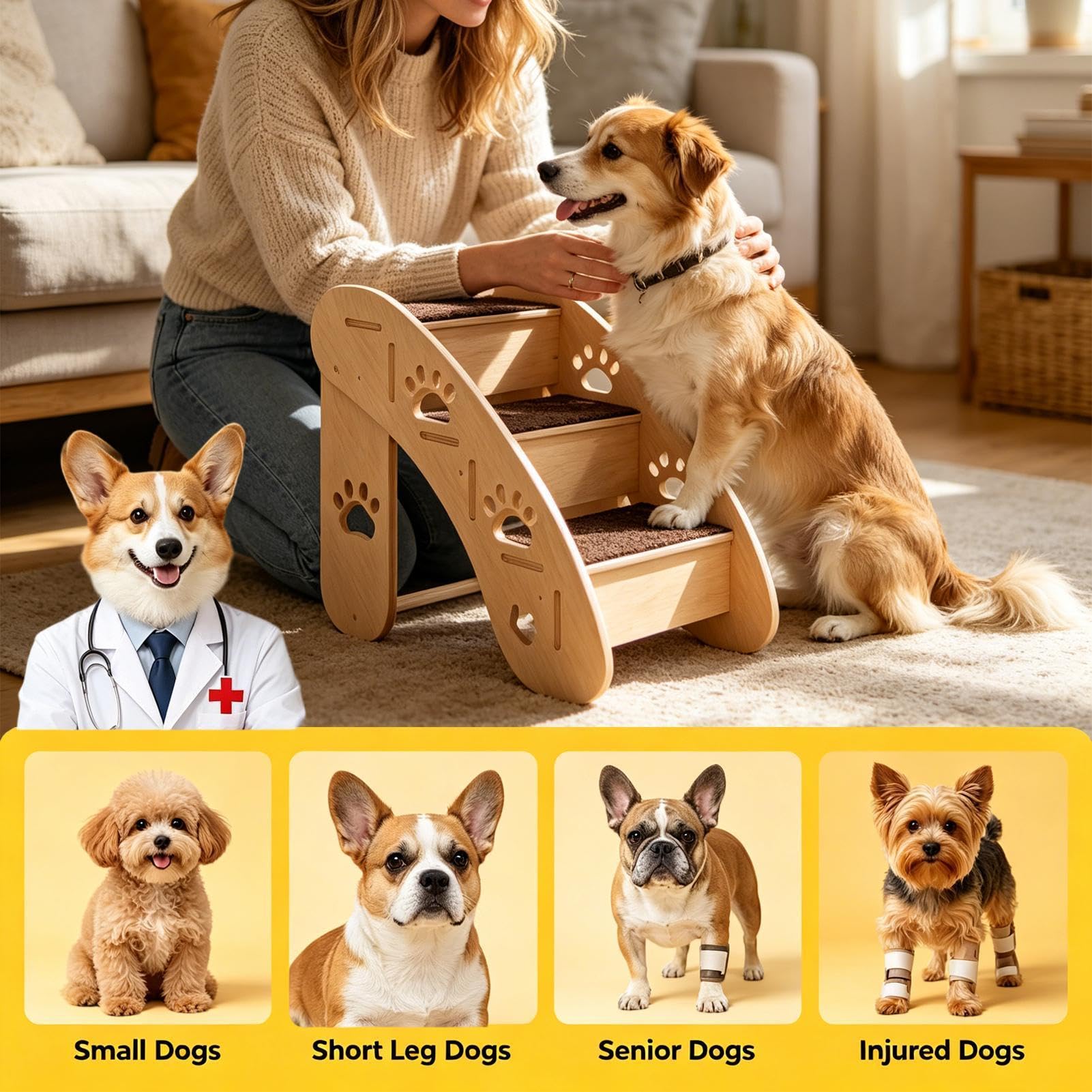 Scalette per Cani da Divano Tappetino antiscivolo in legno con struttura | Scalette per cuccia cane per , cuccioli e gatti anziani, finestre, letti, auto, sedie e divani