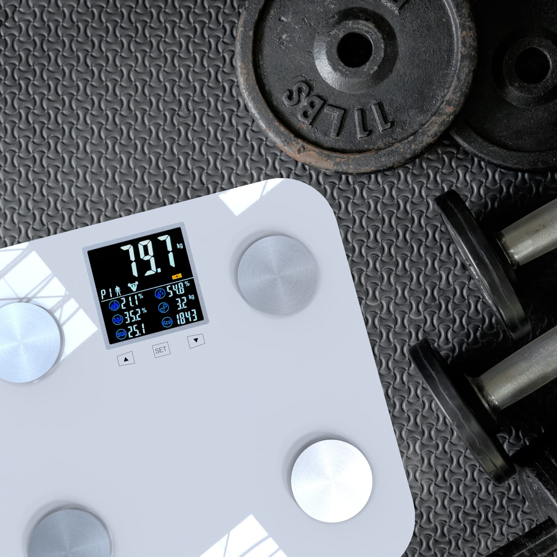 Bilancia Digitale BMI | Controllo Del Peso e Display Digitale | Misura 18 Dati Essenziali | Multi-Utente | Monitoraggio Preciso dei Progressi | Sincronizzazione e Compatibilità | Bianco