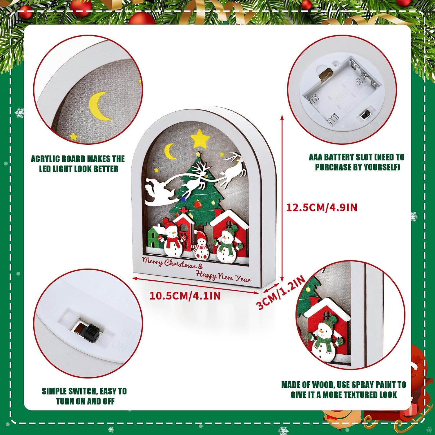 Christmas Village LED Light Snowman Winter Scene Tabletop Decor | Layered wooden Christmas village scene, LED warm glow night light, snowman winter town decor, acrylic backlight panel