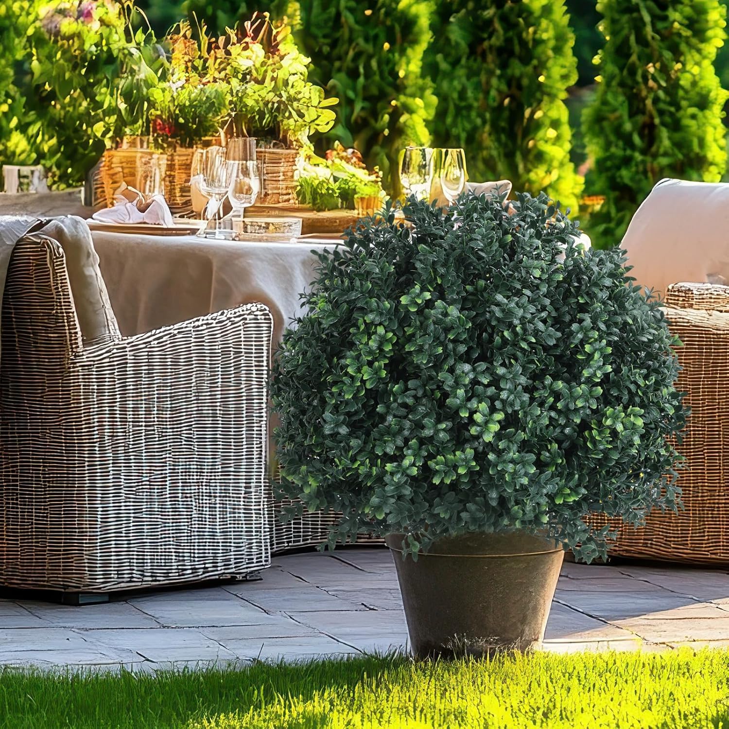27" Artificial Boxwood Topiary Outdoor Plants with Spike Set of 2, Faux Boxwood Topiary Ball Bushes Outdoor Fake Shrubs UV Resistant for Front Porch Indoor Outdoor Green