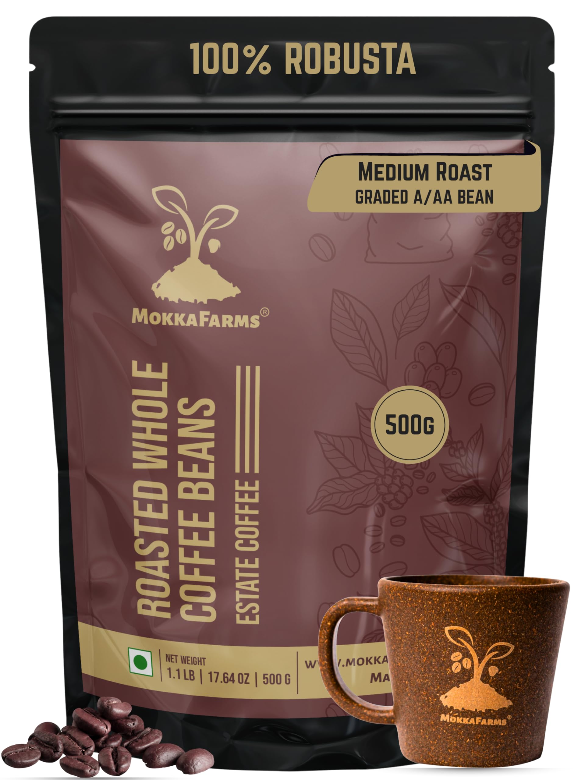 Mokka Farms Premium Roasted Coffee Beans 500g | 100% Robusta | Medium Roast | Fresh Estate Coffee | Graded A/AA Whole Beans | Strong Flavor & Aroma | Farm to Fork Quality | Resealable Zip Lock Bag