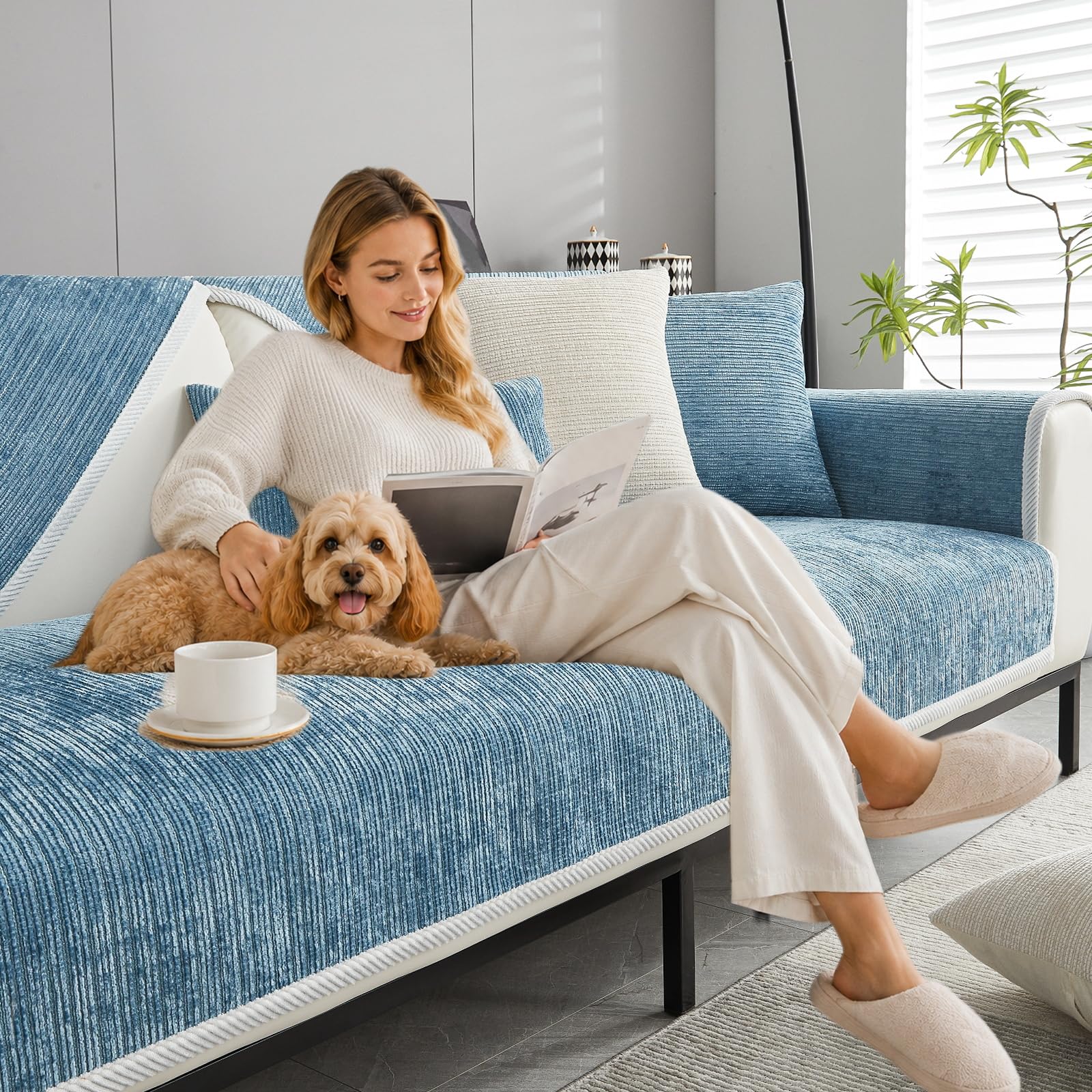 Housse de Canapé en Chenille - Nouvelles Housses Antidérapant pour Canapé 1/2/3 Places en Forme de L, Protection pour Meuble Résistante aux Animaux pour Salon (A-Bleu,110x240cm)