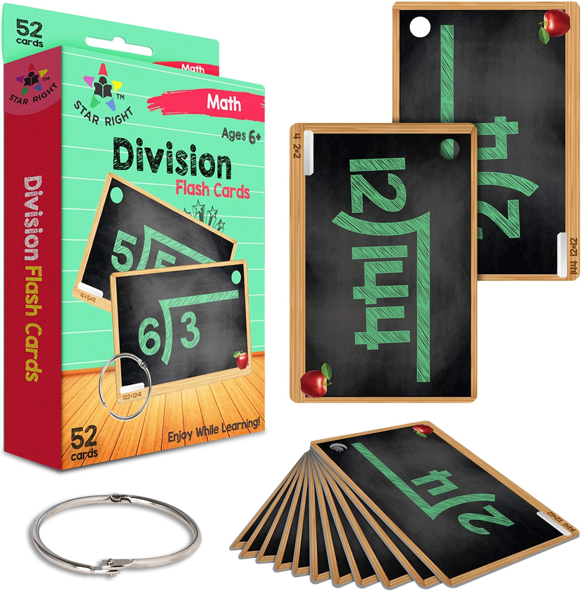 Star Right Multi Math Flashcards Pack - Division - 1 Ring and 52 Hole Punched Cards Per Set