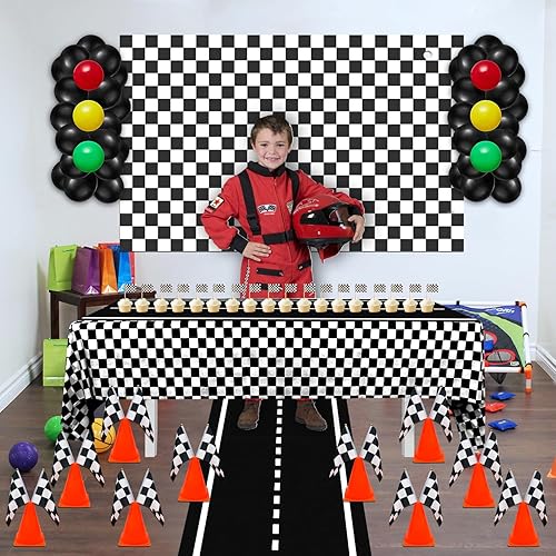 Miniatura 7 de Suministros para fiestas de autos de carreras, 12 conos de tráfico con agujeros en la parte superior, 24 banderas a cuadros, mantel de fiesta de