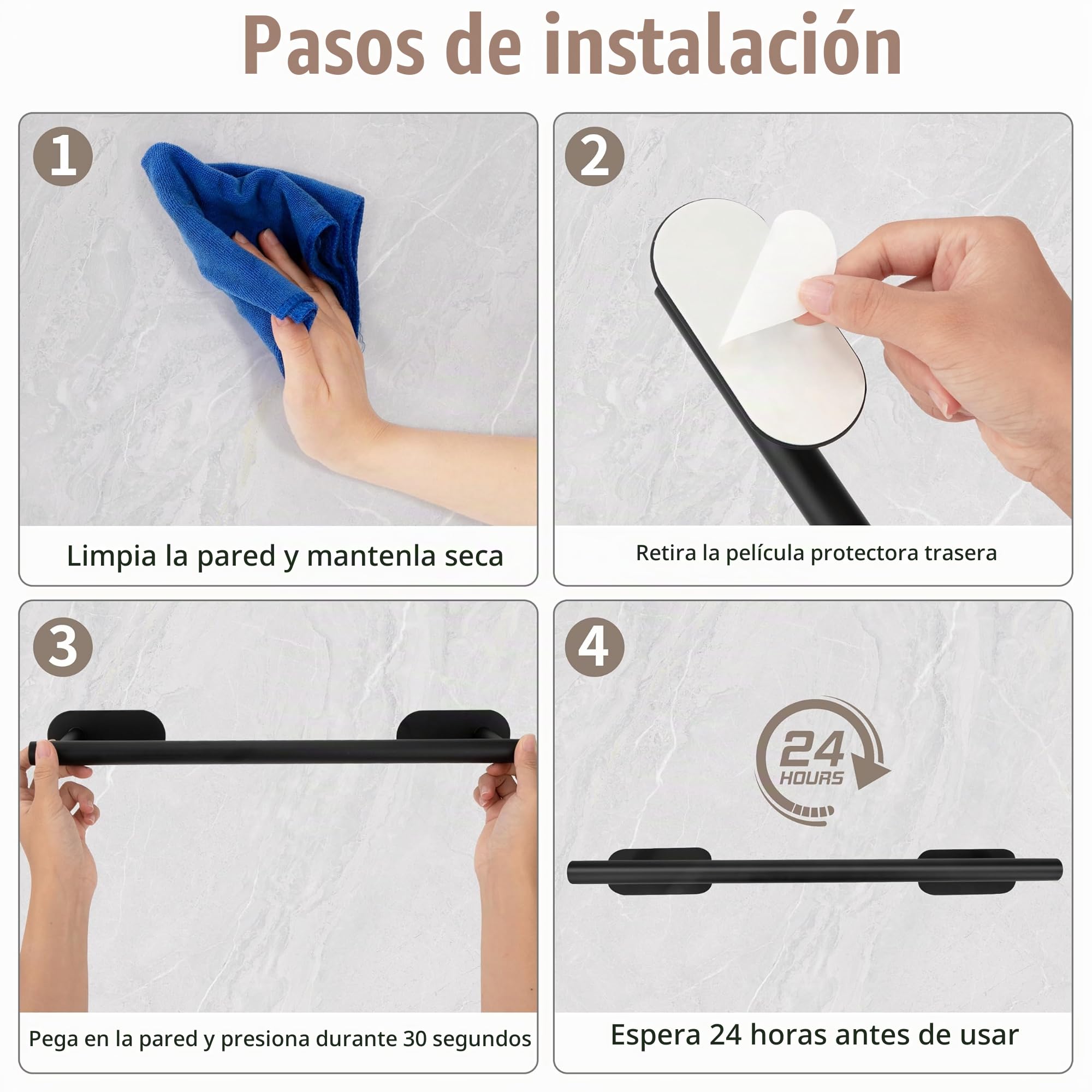Toalleros de Baño Sin Taladro 8PCS Juego de Herrajes de Baño de Acero Inoxidable Gancho para Toallas Portarrollos para Papel para Baño y Cocina (Negro)