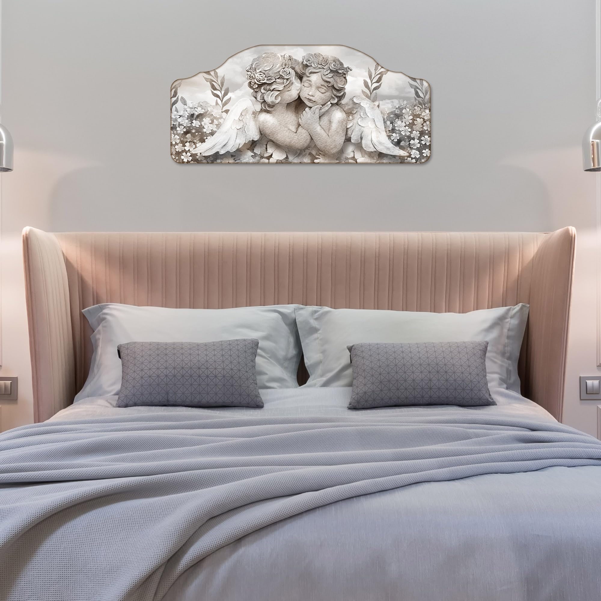 Lupia - Quadro camera da letto CAPEZZALE moderno 50x100 cm ANGELS IN FLOWERS MIX, Angeli, Stampa su legno Amorini, Artigianale, Made in Italy, soggiorno