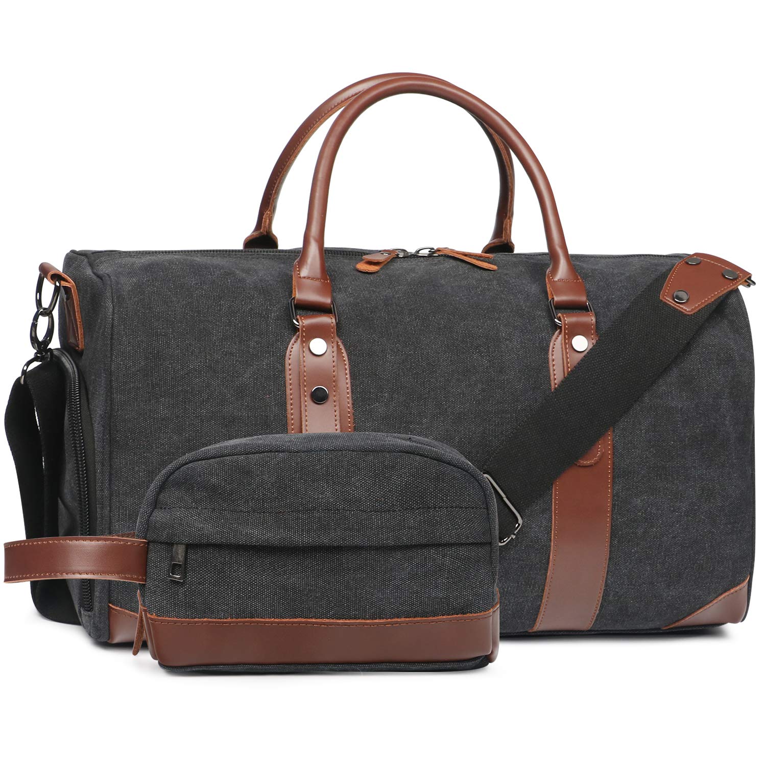 Oflamn Duffle Bag Canvas Leather Weekender Overnight Travel Carry On Tote Bag with Shoe Compartment and Toiletry Bag (Black)