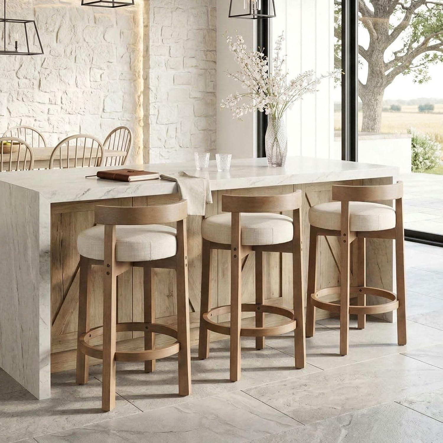 DUOMAY Modern Bar Stools Set of 2, 26" Counter Height Stools, Armless Round Wood Barstools Kitchen Island Stool with Linen Seat for Home Bar Coffee Shop, Beige