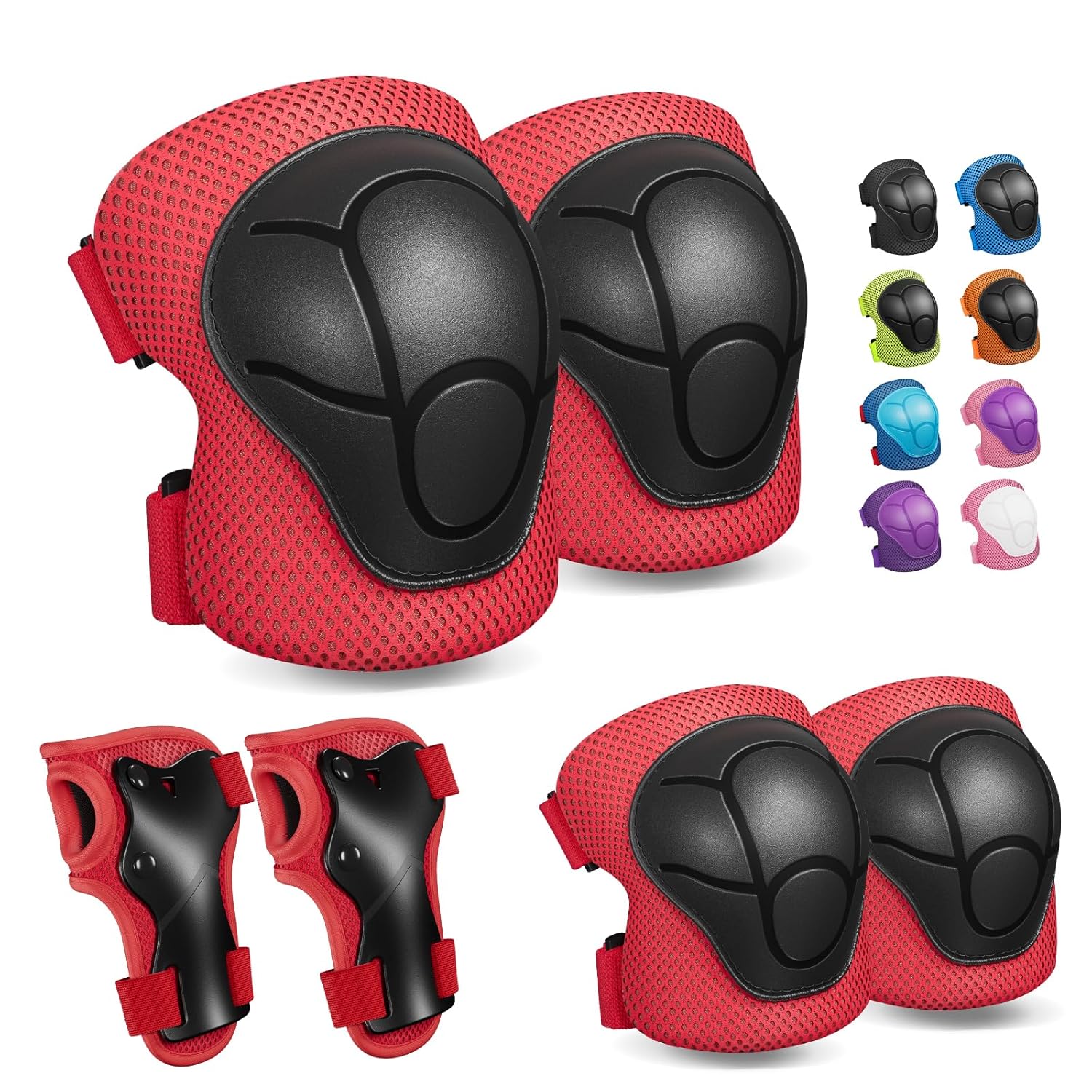 Kids Knee and Elbow Pads Set with Wrist Guards for Skateboarding & Cycling – Red M