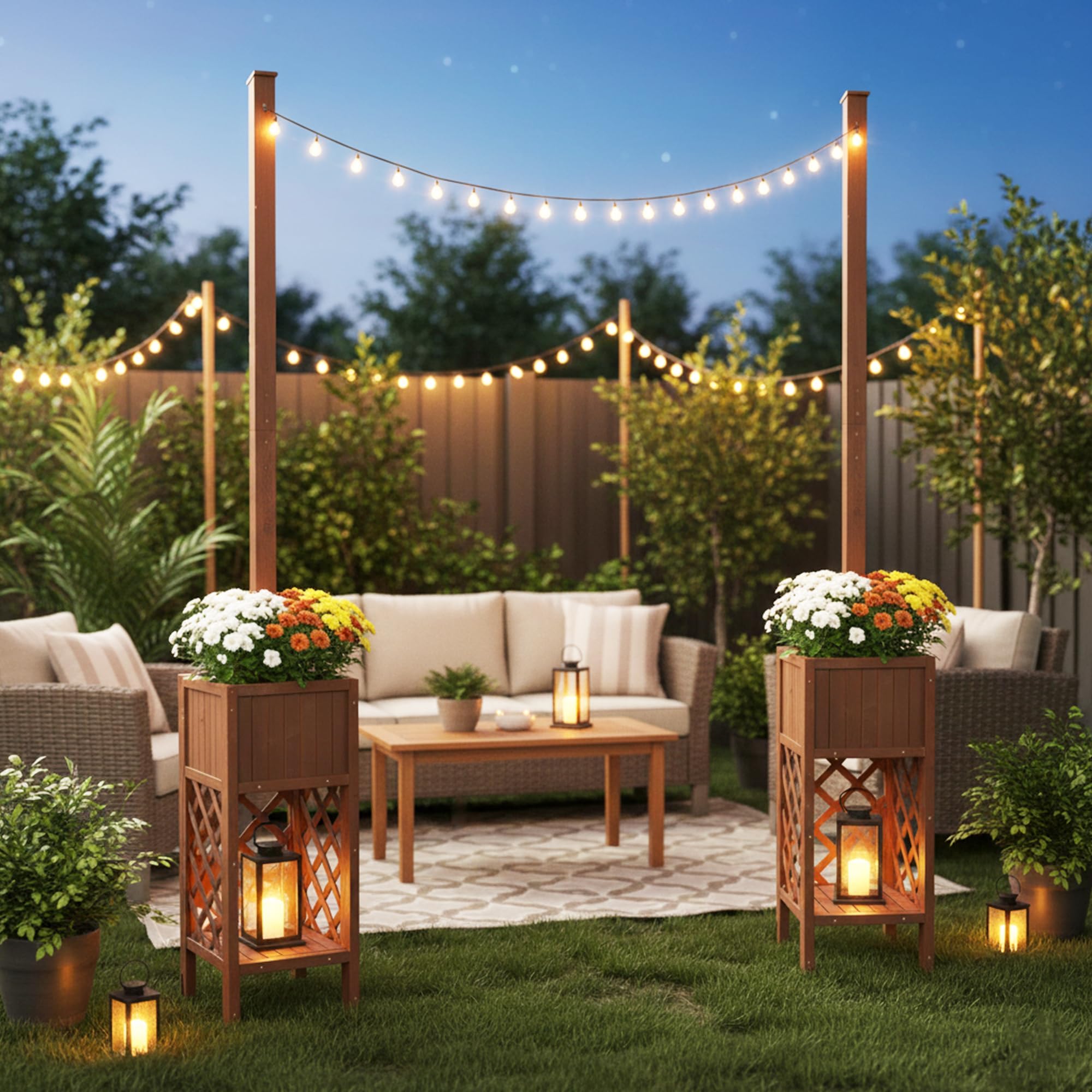 Set di 2 Pali per Catene Luminose da Esterno con Fioriera, Altezza 264cm, Legno Massiccio Resistente alle Intemperie & Antivento, Supporto 3-in-1 per Giardino, Terrazzo & Matrimoni (Senza Decorazioni)