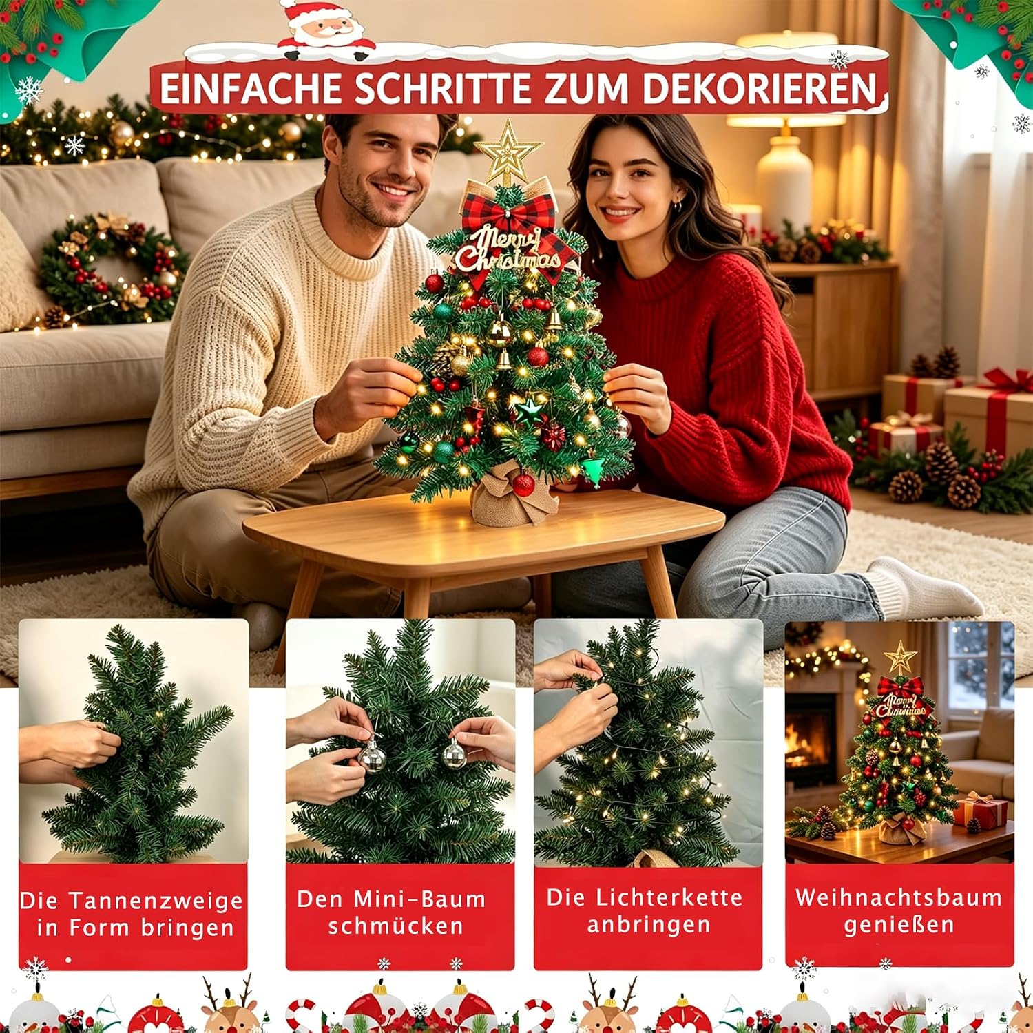 2ft Mini Tabletop Christmas Tree with Lights & Ornaments, Vintage Classic