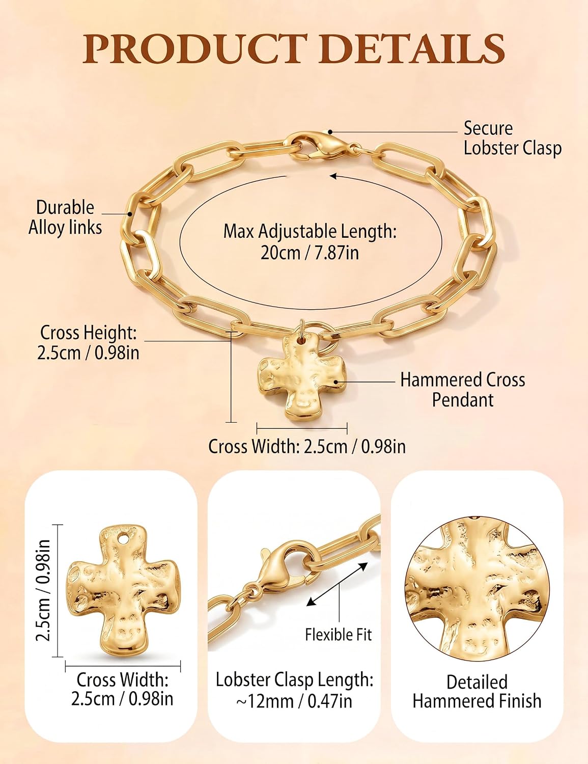 Chunky Hammered Cross Bracelet for Women, Bold Gold Paperclip Chain Bracelet, Statement Religious Jewelry