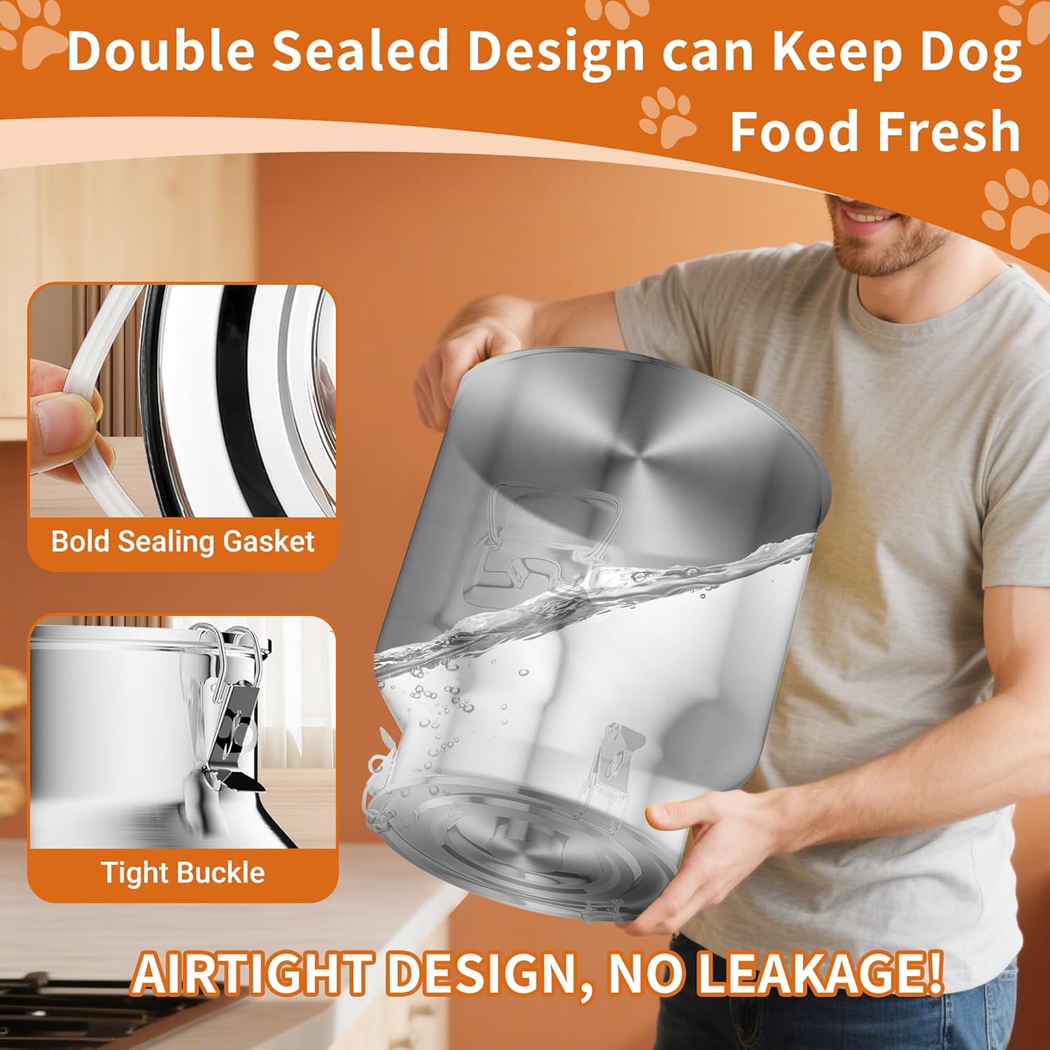 Metal Dog Food Storage Container 18Lbs, Stainless Steel Dog Food Storage Container with Lids Airtight, Pet Food Storage Container for Dogs, Cat Food Bin with Spoon, Keep Food Fresh, Easy to Clean