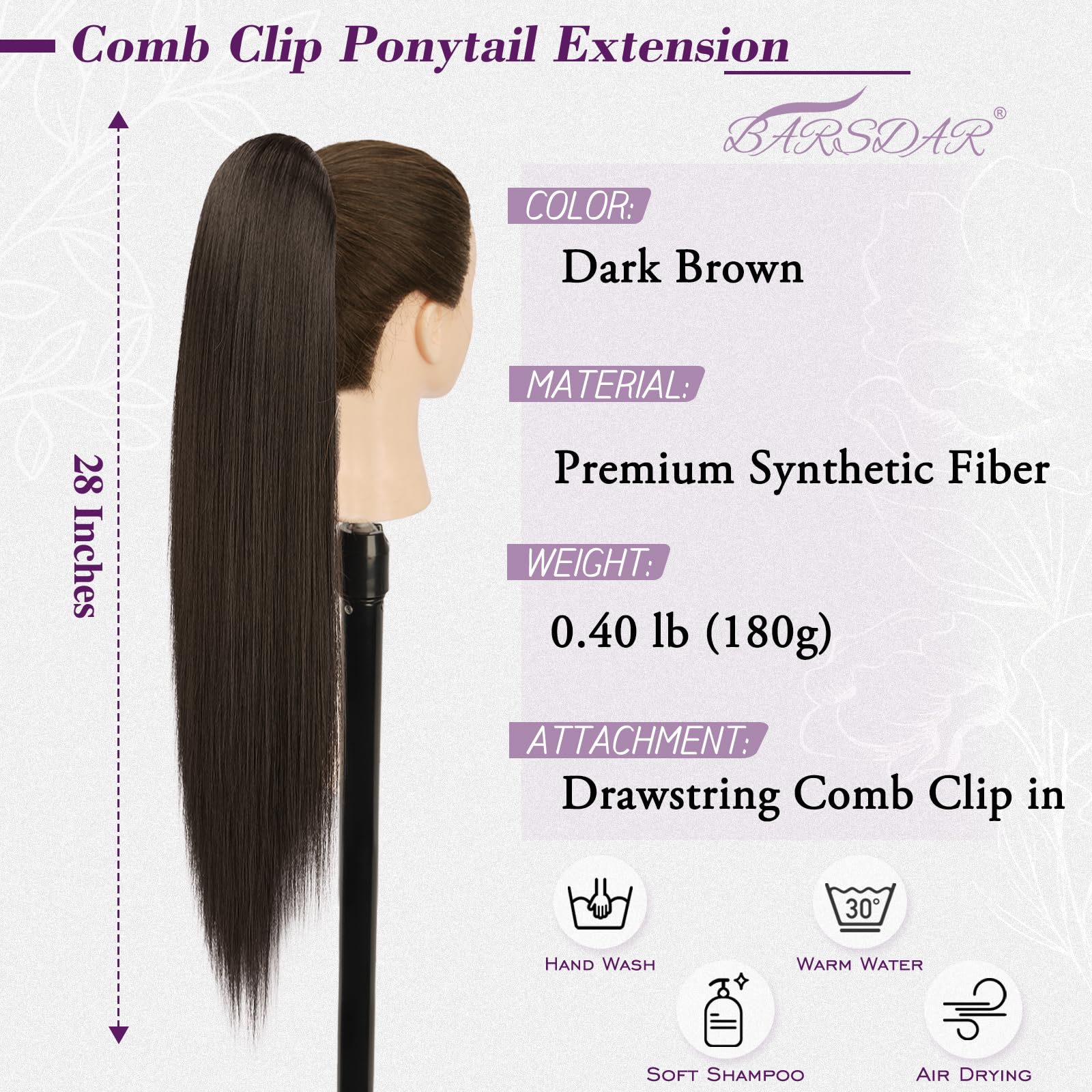 BARSDAR Liso Coleta Postiza Extensiones Pelo, 40cm Corta Liso Marrón Oscuro Cola de Caballo Extension con Cordón Natural Sintética Cheer Posh Ponytail Extensiones Postizos Fiestas Cheer Competition — view 2