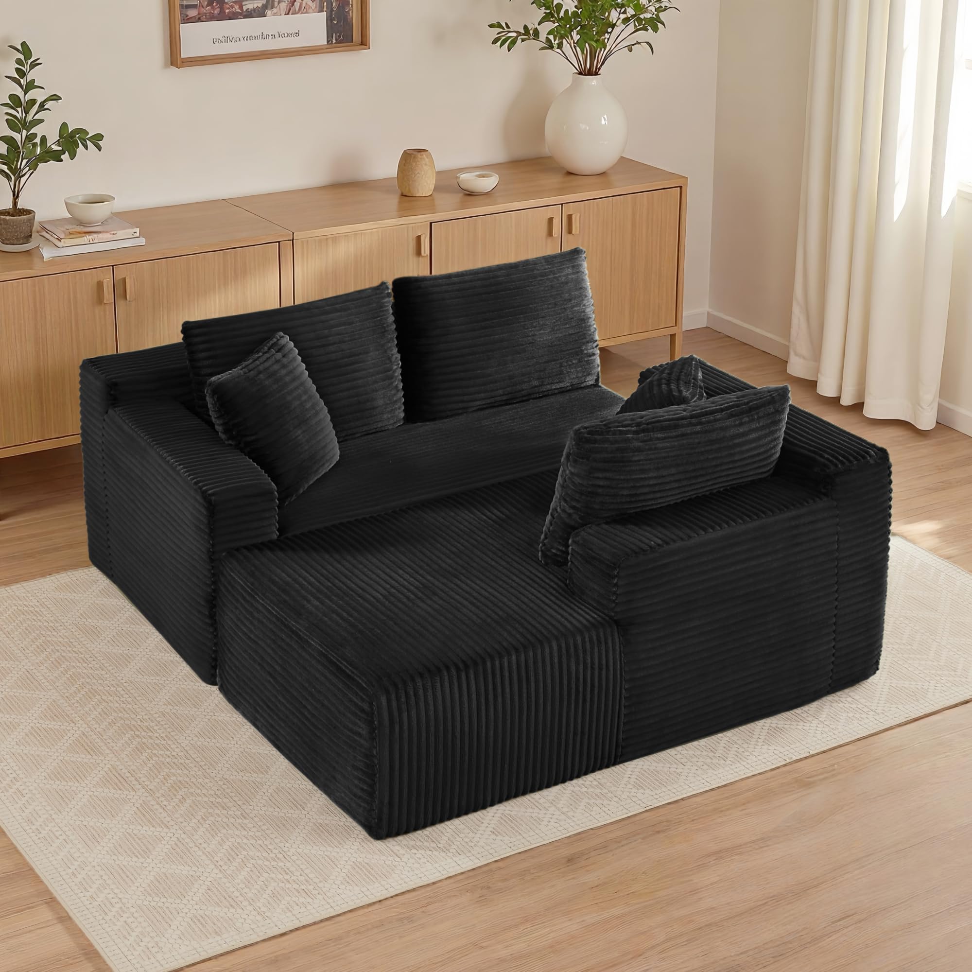 Sapgaks - Sofá esquinero convertible en L, sofá de 3 plazas de pana, sofá convertible de espuma viscoelástica para la sala de estar, dormitorio, apartamento, B-negro