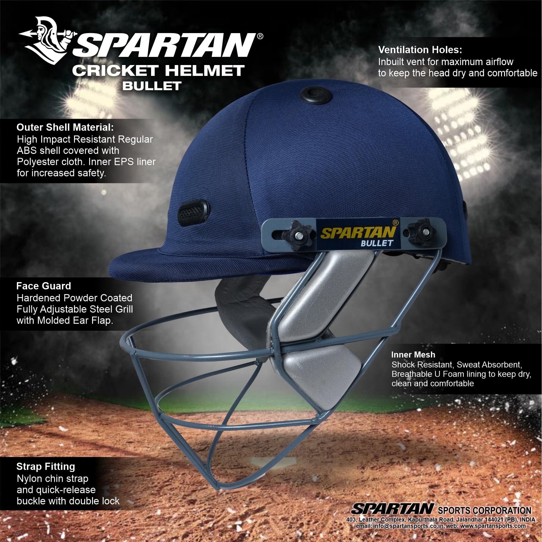 Spartan Cricket Helmet Bullet, High Impact Resistant ABS Shell, Polyester Cloth Cover, EPS Liner, Ventilation Holes, Adjustable Steel Face Guard, Inner Mesh, Nylon Chin Strap, Navy Blue(Men Size)-image-31