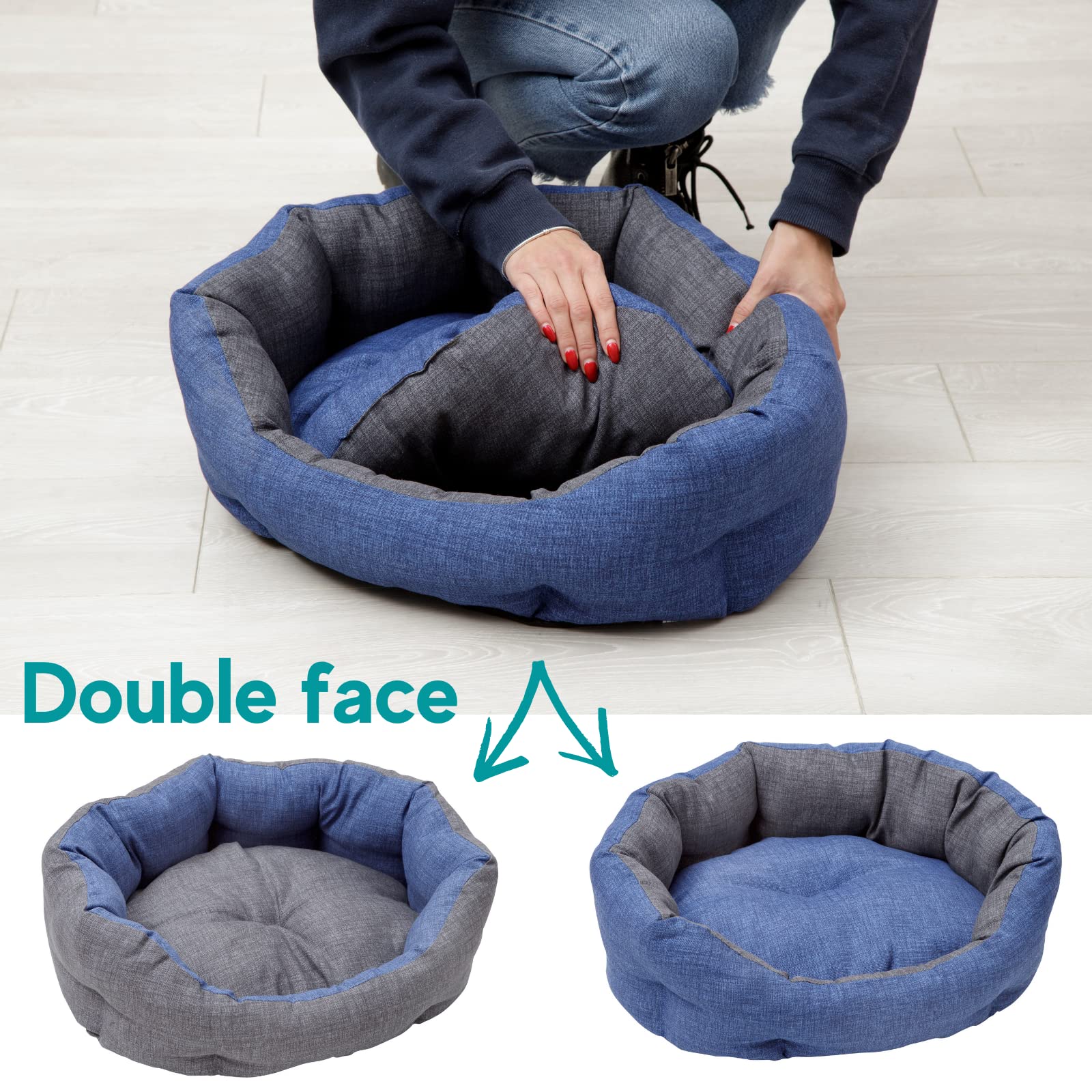 Baroni Home Cuccia per Cane e Gatto in tessuto Grigio e Blu Taglia L 50x65 cm, Morbido Divano Ovali, Comodo, per Camera da Letto Salotto Corridoio, Lavabile